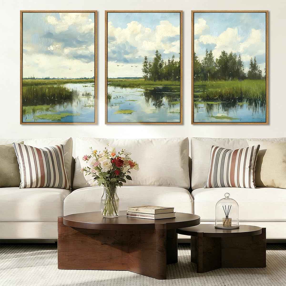 BINCUE Framed Green Nature Wall Art Lake Scenery Wall Decor Landscape Art Print for Living Room Bedroom Office 16 x24 Inches Set of 3