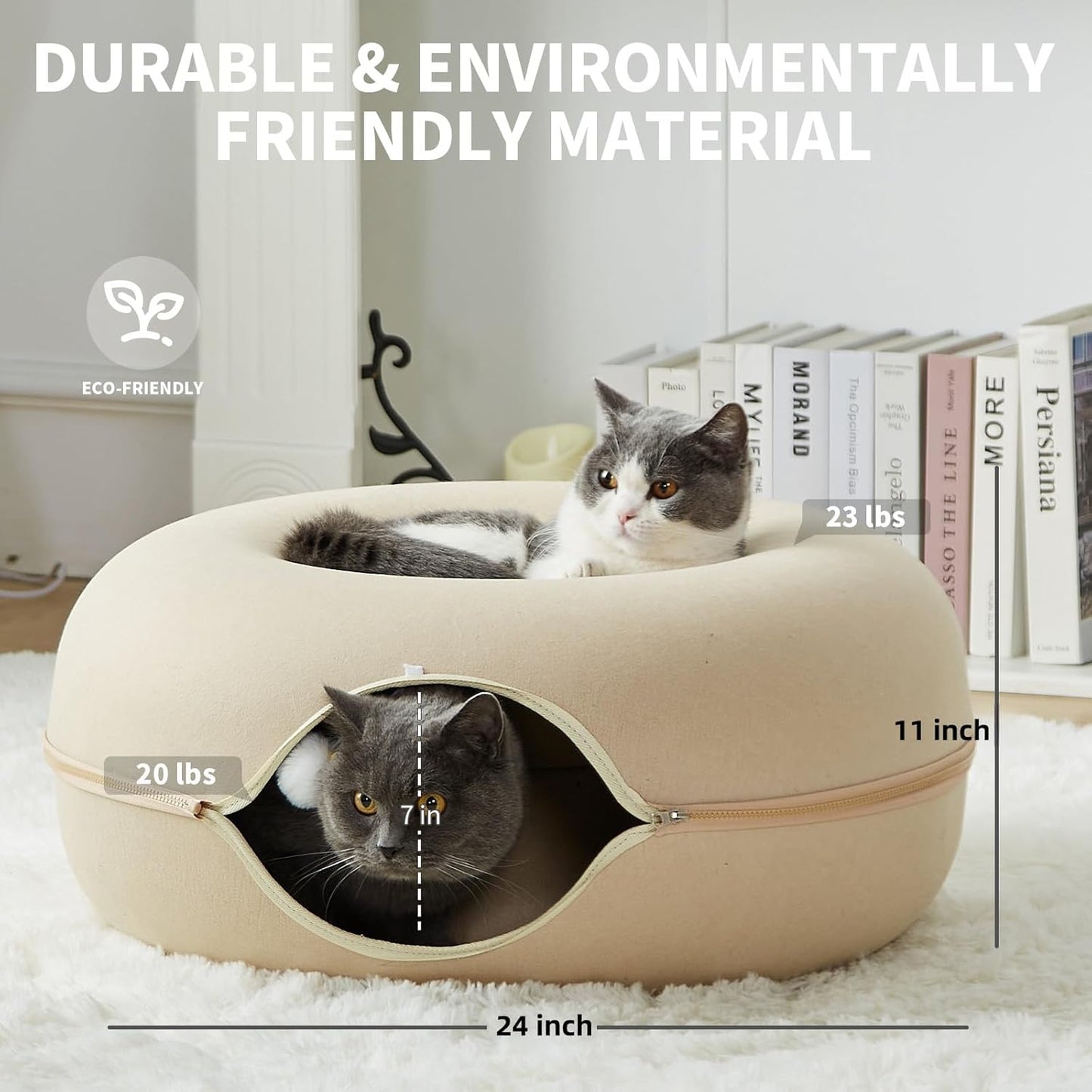 Jia Xi Cat Bed and Hideout, Large Indoor Cat Condo with Tunnel and Cave (24 inch, Beige)
