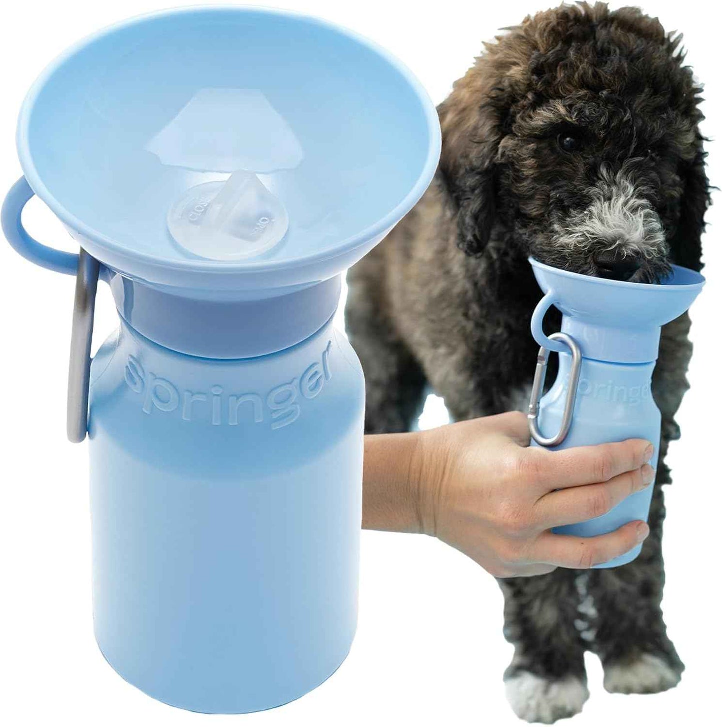 Springer Dog Water Bottle | Portable Travel Drinking Feeder Dispenser for Dogs & Puppies | As Seen on Shark Tank | Leak-Proof Bowl | BPA-Free | Outdoor Walking, Hiking & Travel | 15oz Blue