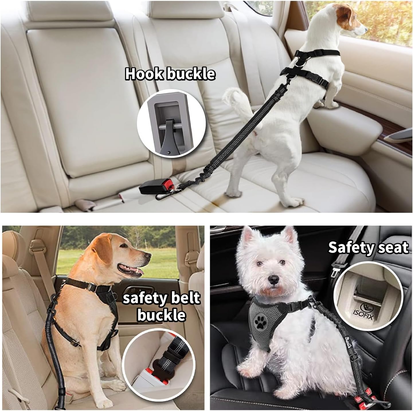Dog seat Belt for car,2Pack 3-in-1 car Harness for Dogs Safety seat Belt Bungee,Dogs Seats Belt stether with Buckle&Hook Latch,Adjustable Reflective Dog seat Belts with 360° Lockable Buckle(Black)