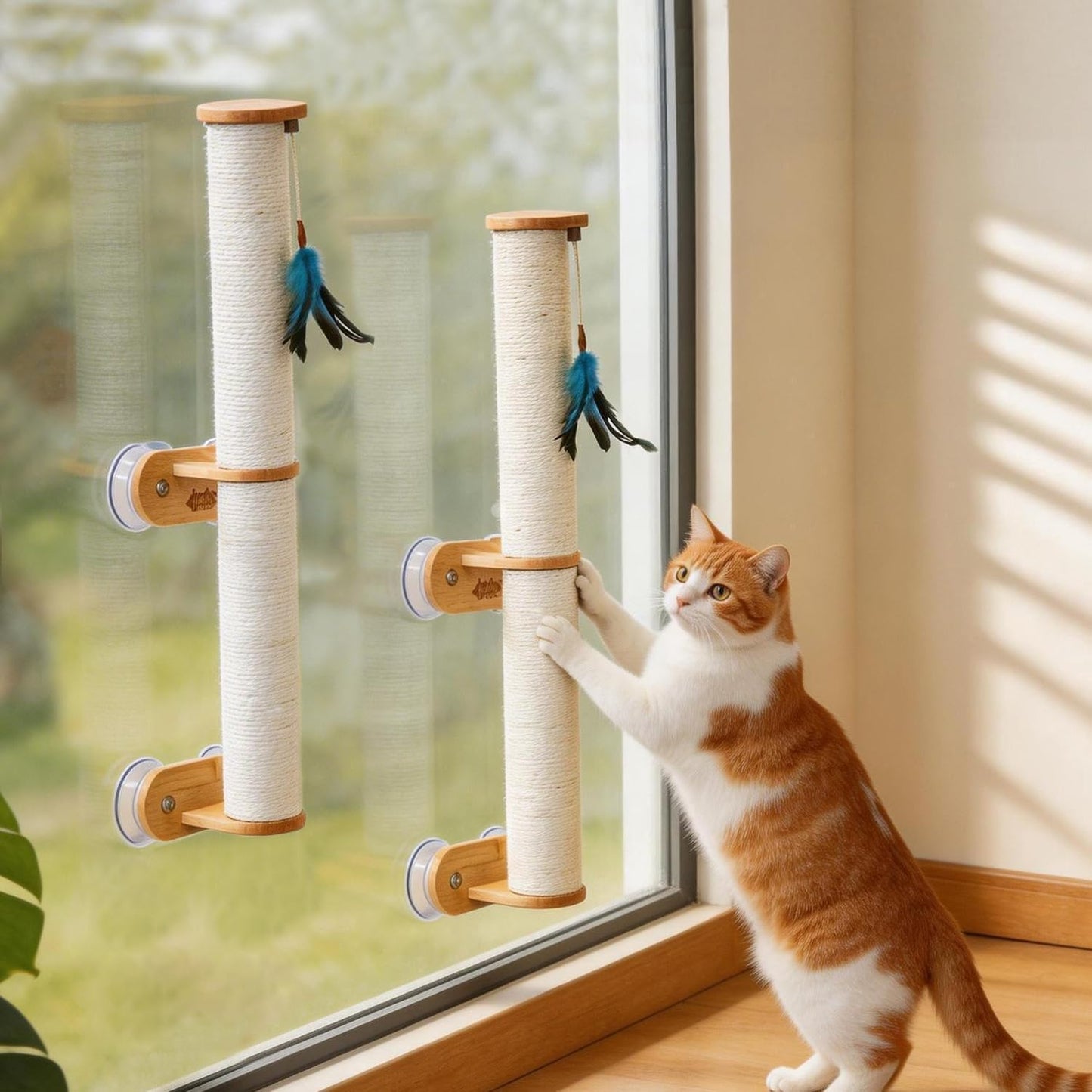 Lulu's World Cat Wall Scratcher,32" Tall No-Drill Wall Mounted Kitten Scratching Post, Cat Wall Furniture with 4 Suction Cups, Sturdy Sisal Climbing Tree Cat, Wall Shelves for Indoor Large Cats