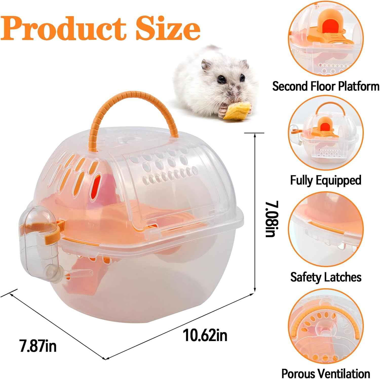 Hamster Transport Carrier,2 Tiers Dwarf Hamster Cage Carrier Breathable Small Animal Travel Carry Case with Silent Exercise Wheels Water Bottle Food Dish for Mice Rat(Orange)