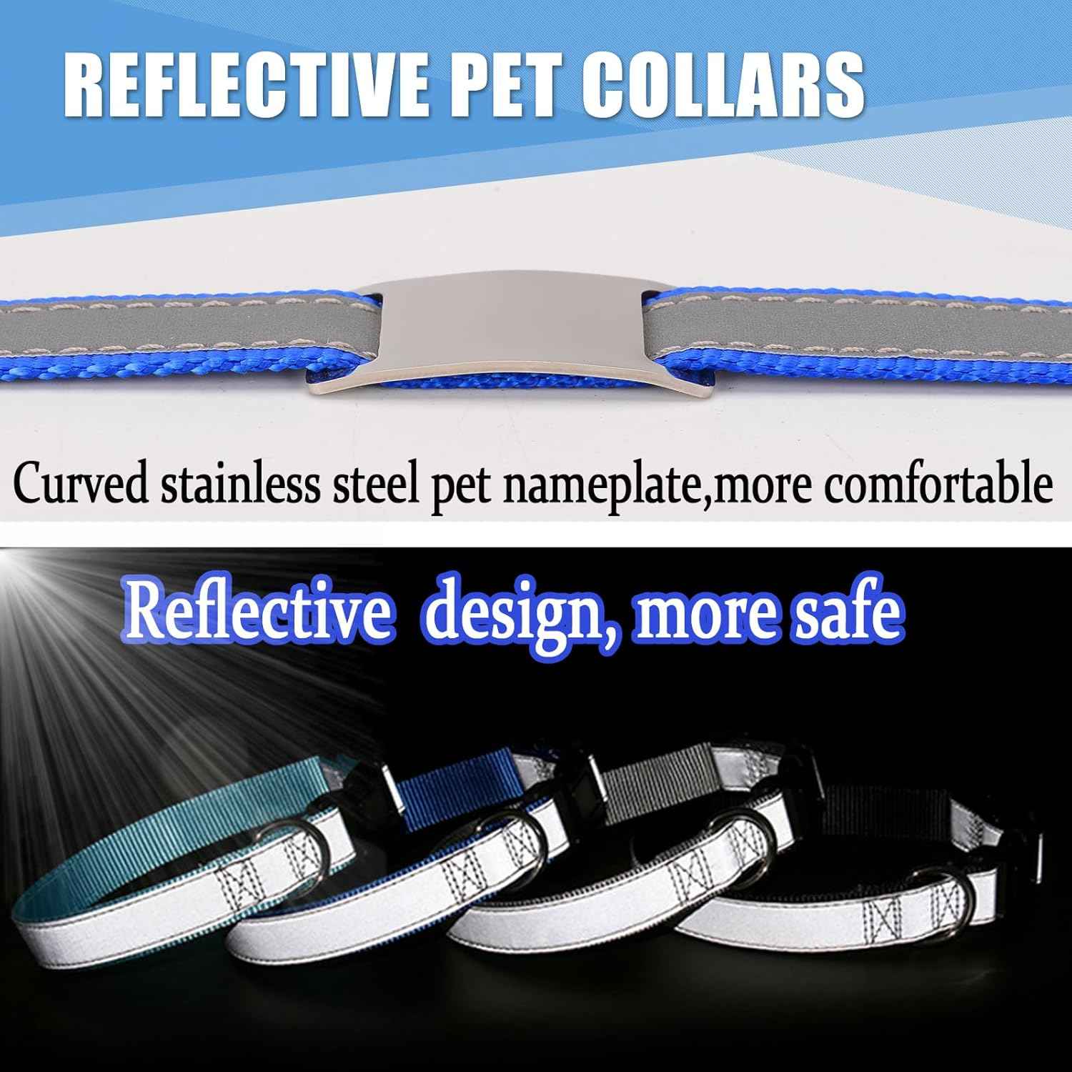 Reflective Personalized Dog Collar with Name Plate,Adjustable Custom Engraved Pet Name and Phone Number Collar,Silent Slide On Stainless Steel Pet Tag for Dogs,Sky Blue