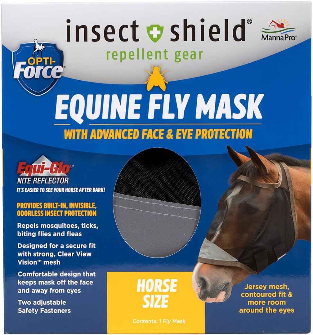 Opti-Force Horse Fly Mask - Insect Shield Repellent UV Protected Clear-View Mesh, Permethrin Treatment, Reflective Night Vis, Lightweight No-Ears Design, Standard Size, Adjustable Straps