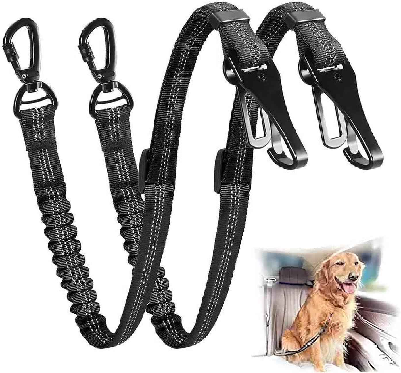 Dog seat Belt for car,2Pack 3-in-1 car Harness for Dogs Safety seat Belt Bungee,Dogs Seats Belt stether with Buckle&Hook Latch,Adjustable Reflective Dog seat Belts with 360° Lockable Buckle(Black)