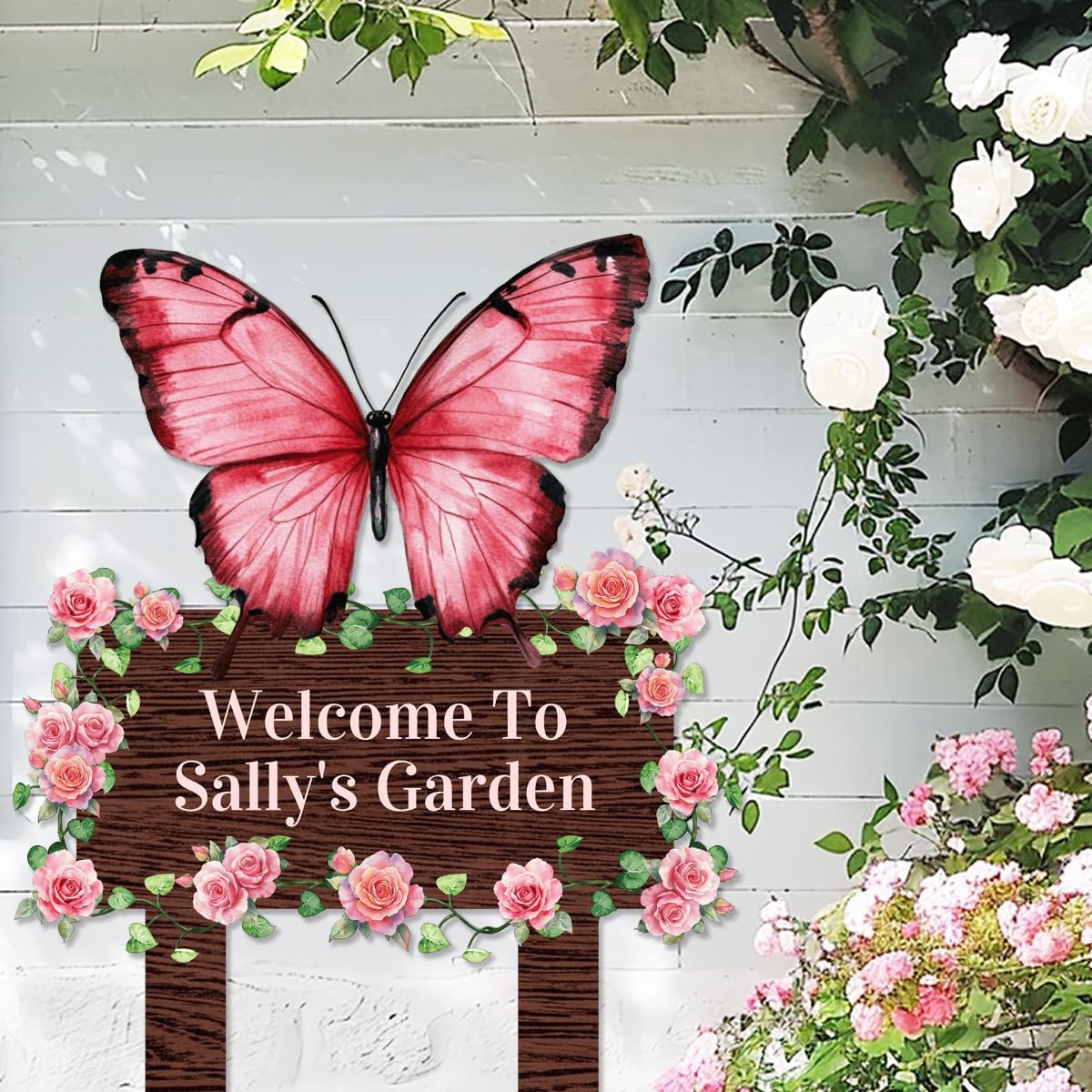 Personalized Butterfly Metal Garden Sign with Stakes, Custom Pink Rose Flowers Garden Stake Yard Signs for Gardener Mom Nana Outdoor Decor Lawn Art