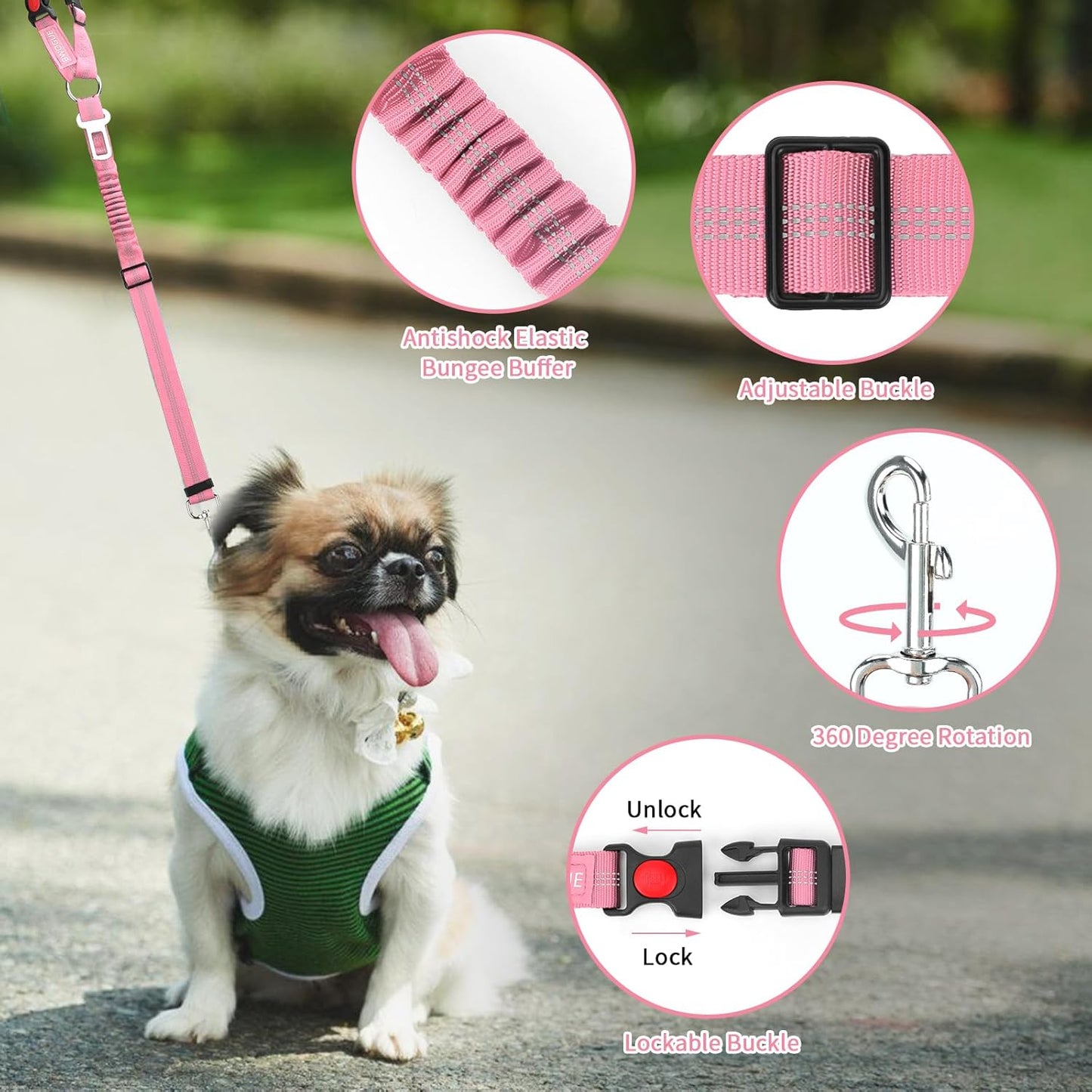 BWOGUE Pet Dog Cat Seat Belt Reflective Car Dog Headrest Restraint Leash Elastic Buffer Bungee Adjustable Tangle-Free Safety Leads Vehicle Seatbelt Harness for Small, Medium and Large Dogs (1 Pack)