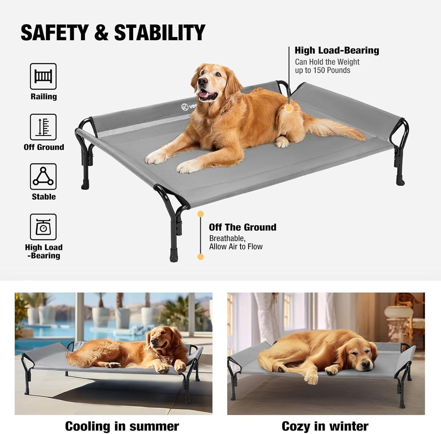 Veehoo Cooling Elevated Dog Bed, Raised Pet Cot with Guardrail & Slope Headrest, Durable Breathable Teslin Mesh, Non-Slip Feet, Washable Dog Couch Bed for Indoor & Outdoor, Large 47" x 32", Gray