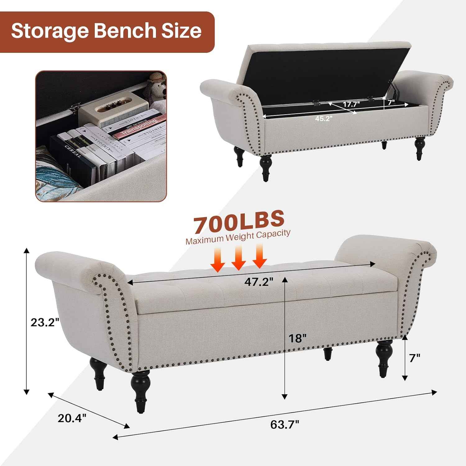 63.78" Ottoman with Storage, Storage Ottoman Bench with Safety Hinge, Upholstered Entryway Bench with Seating for Bedroom, Living Room, Holds Up to 700 Lb Beige
