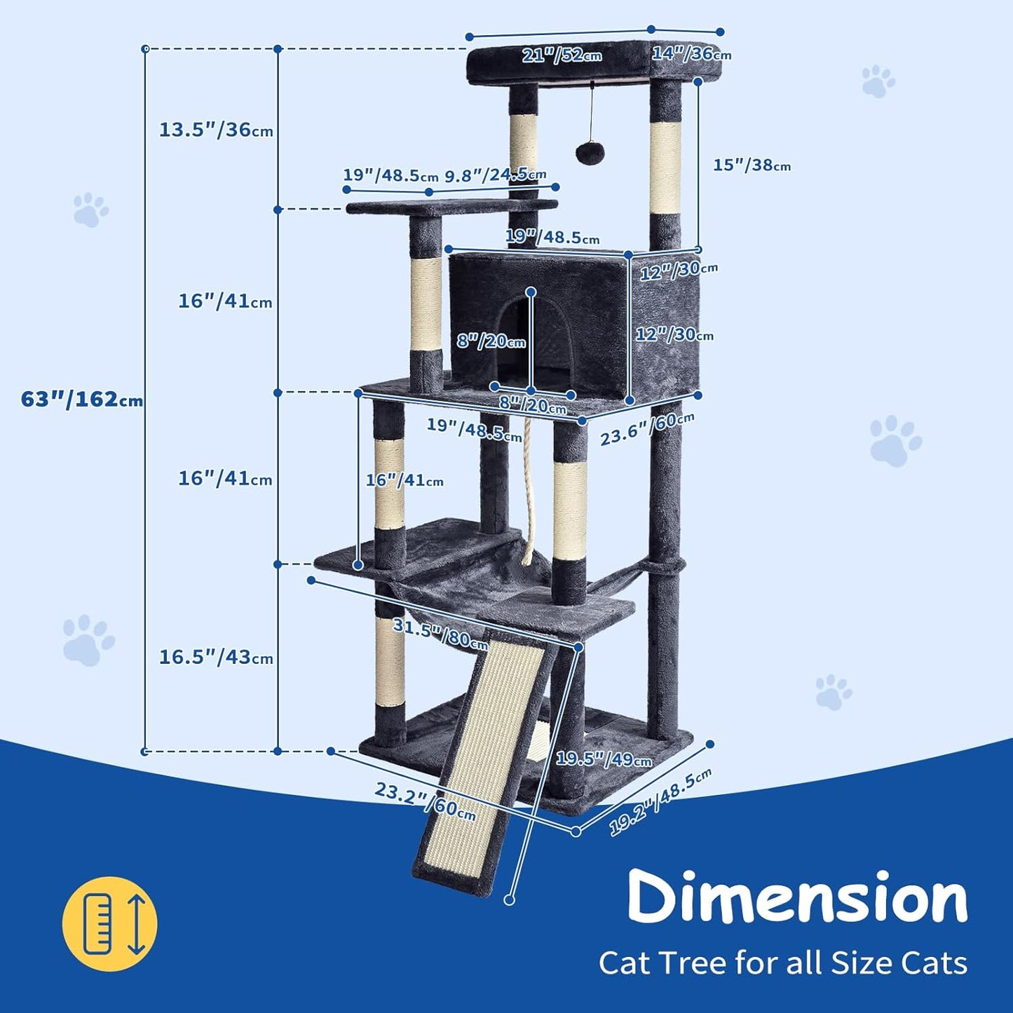 Cat Craft Cat Tree 63 Inch Cat Tower for Indoor Cats, Multi-Level Cat Tree for Large Cats 20 lbs+ Heavy Duty Cat Tower with Sisal Scratching Posts, Hammock, Condo and Extended Platform, Dark Grey