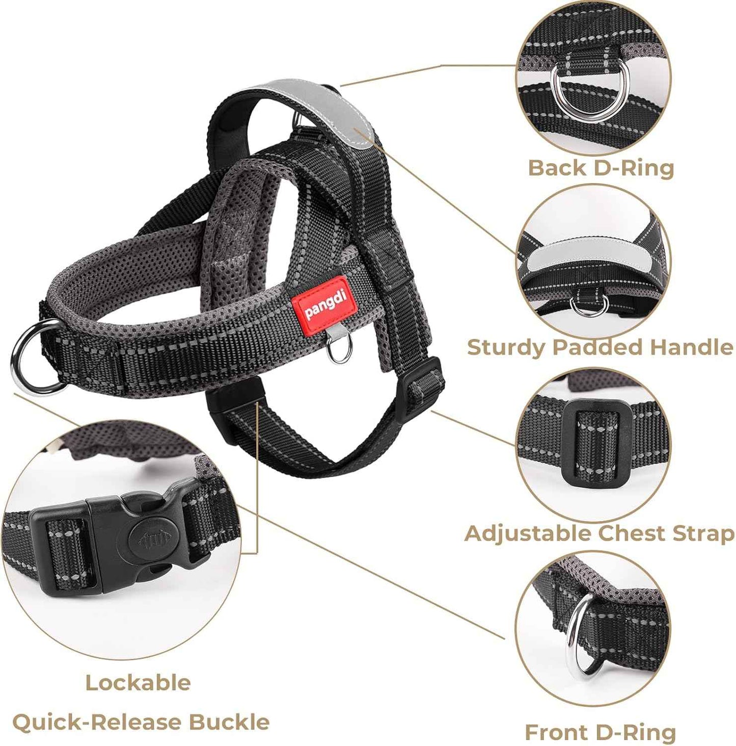 No Pull Dog Harness with Handle, Yorkie Adjustable Reflective Dog Vest, Breathable Air Mesh Padded Pet Harness with Front Leash Clip for Small Medium Dogs, Black, S