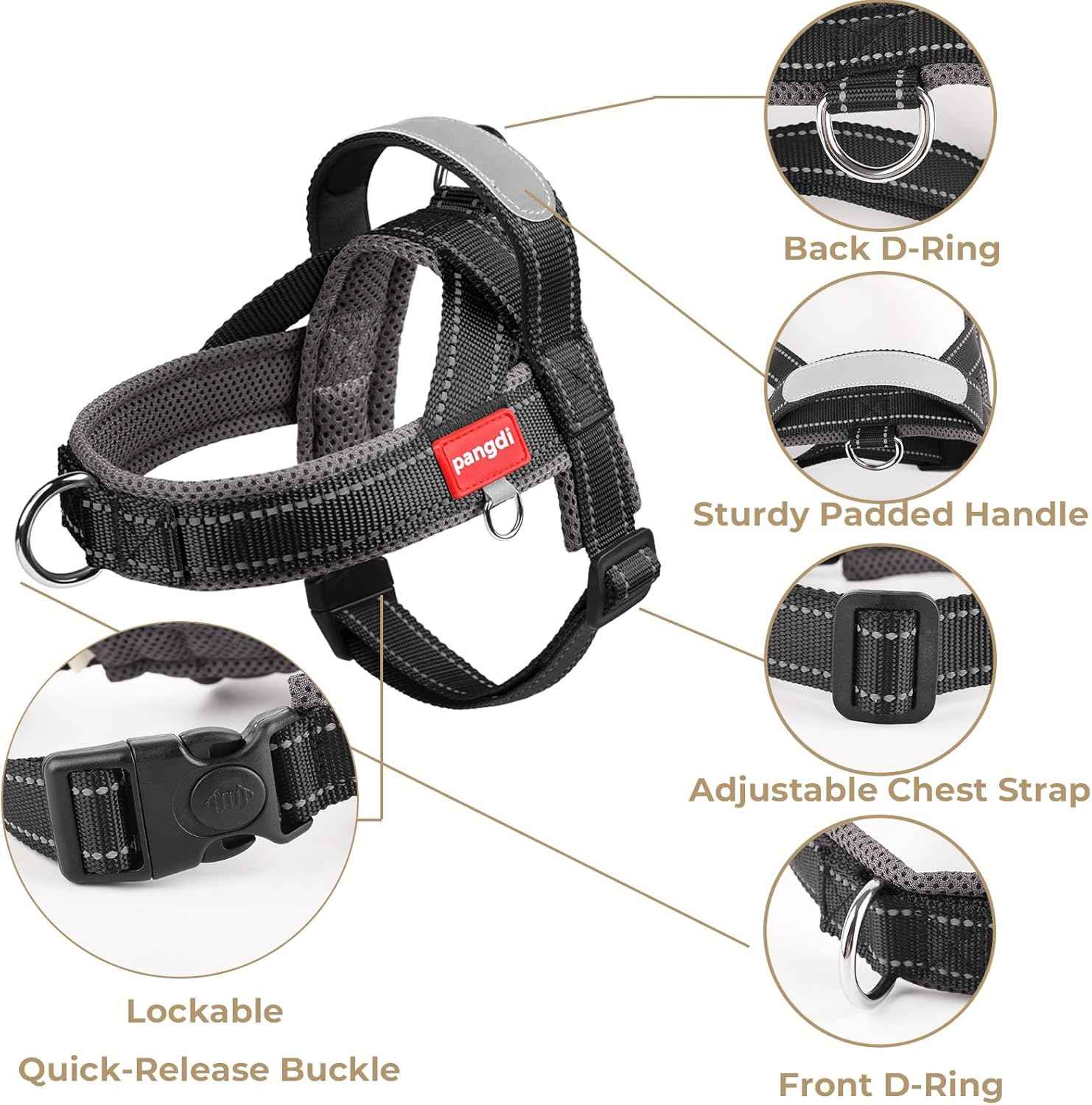 No Pull Dog Harness with Handle, Yorkie Adjustable Reflective Dog Vest, Breathable Air Mesh Padded Pet Harness with Front Leash Clip for Small Medium Dogs, Black, S
