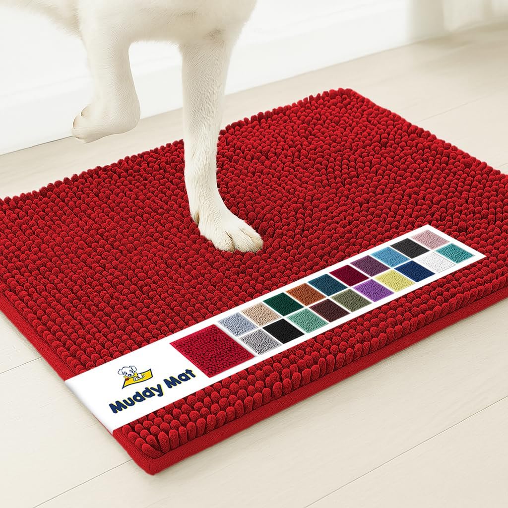 Muddy Mat® AS-SEEN-ON-TV Highly Absorbent Microfiber Door Mat and Pet Rug, Non Slip Thick Washable Area and Bath Mat Soft Chenille for Kitchen Bathroom Bedroom Indoor and Outdoor - Red 6ft x 9ft