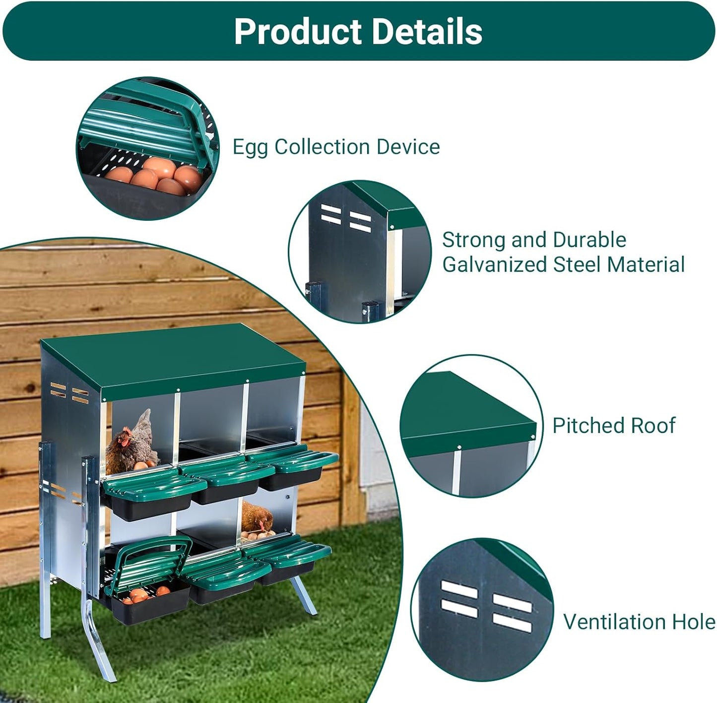 Garvee Chicken Nesting Boxes, 6 Hole Metal Chicken Laying Box with Removable Trays and Roll Out Egg Collection for Chicken Coop, Green, with Metal Legs