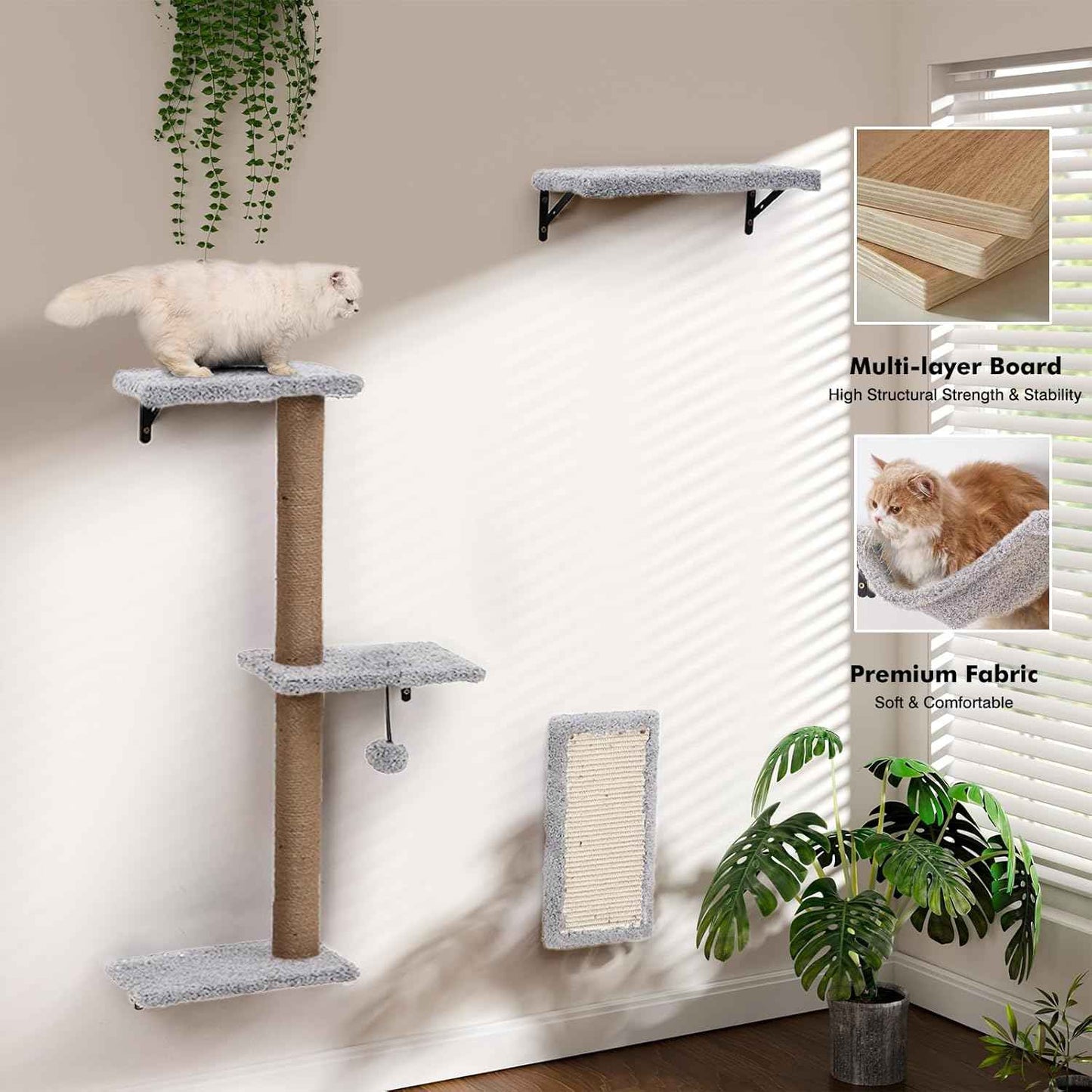 5-in-1 Cat Wall Shelves, Multi-Level Cat Climbing Furniture, Perch & Lounge for Indoor Cats, Space-Saving Wall Mounted Shelves for Play & Rest (Natural Wood) - Light Gray