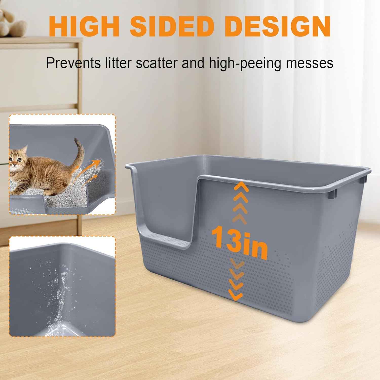 Jumbo Cat Litter Box with High Sides,24.4" L× 15.1" W× 13.0" H,Extra Large Litter Boxes for Big Cats & Kittens,XL Cat Pan,Indoor Pet Toilet with Tall Sides,Easy to Clean,Anti-Splashing(Grey)