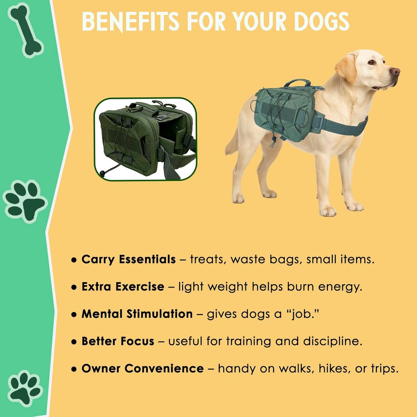 Tactical Dog Backpack Harness – Large, Army Green, 2 Ample Side Pockets | Water Resistant Saddle Bags for Hiking & Camping, Sturdy Vest Fits Medium & Large Dogs