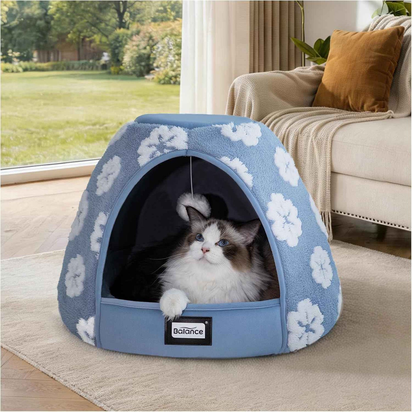 BALANCE Cat Beds for Indoor Cats, 2-in-1 Cat Bed Cave with Anti-Slip Bottom and Ultra-Soft Plush, Cozy Cats House Tent for Kittens and Small Dogs, 19 Inches, Blue