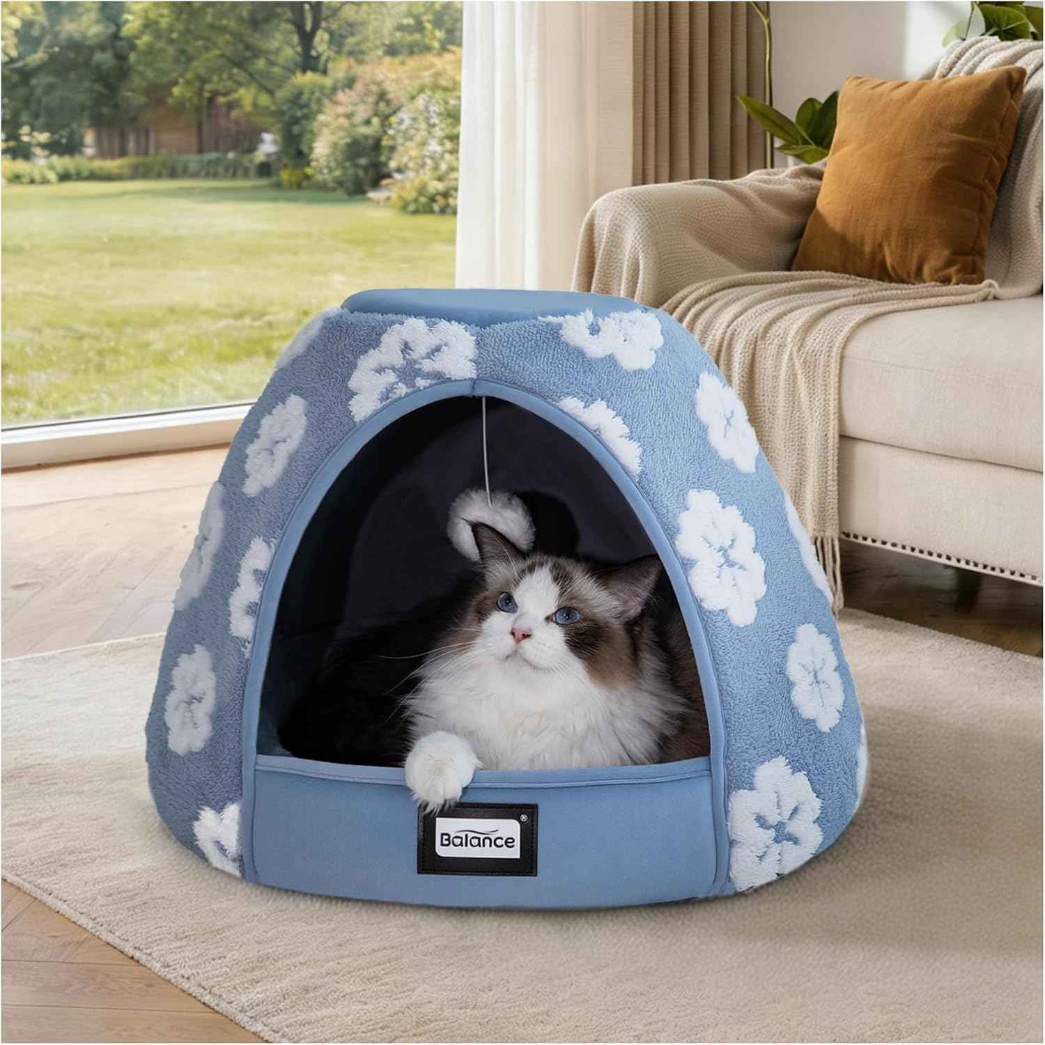 BALANCE Cat Beds for Indoor Cats, 2-in-1 Cat Bed Cave with Anti-Slip Bottom and Ultra-Soft Plush, Cozy Cats House Tent for Kittens and Small Dogs, 19 Inches, Blue