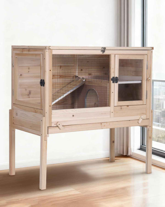Wooden Guinea Pig Cages Indoor with Plastic Floor and Pull Out Tray, Two-Story Rabbit Cage with Anti-Chewing Ramp, Bunny Hutch with Detachable Stand, Small Animals Cage Habitat (Nature)