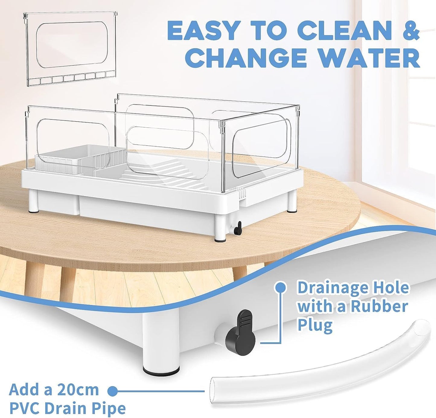 Small Turtle Tank Kit(Tank+Light+Filter), Acrylic Turtle Tank Starter Kit with Basking Platform, Bottom Drainage, Multi-Function Areas for Turtles, Crayfish, Small Reptiles.(White+Black)