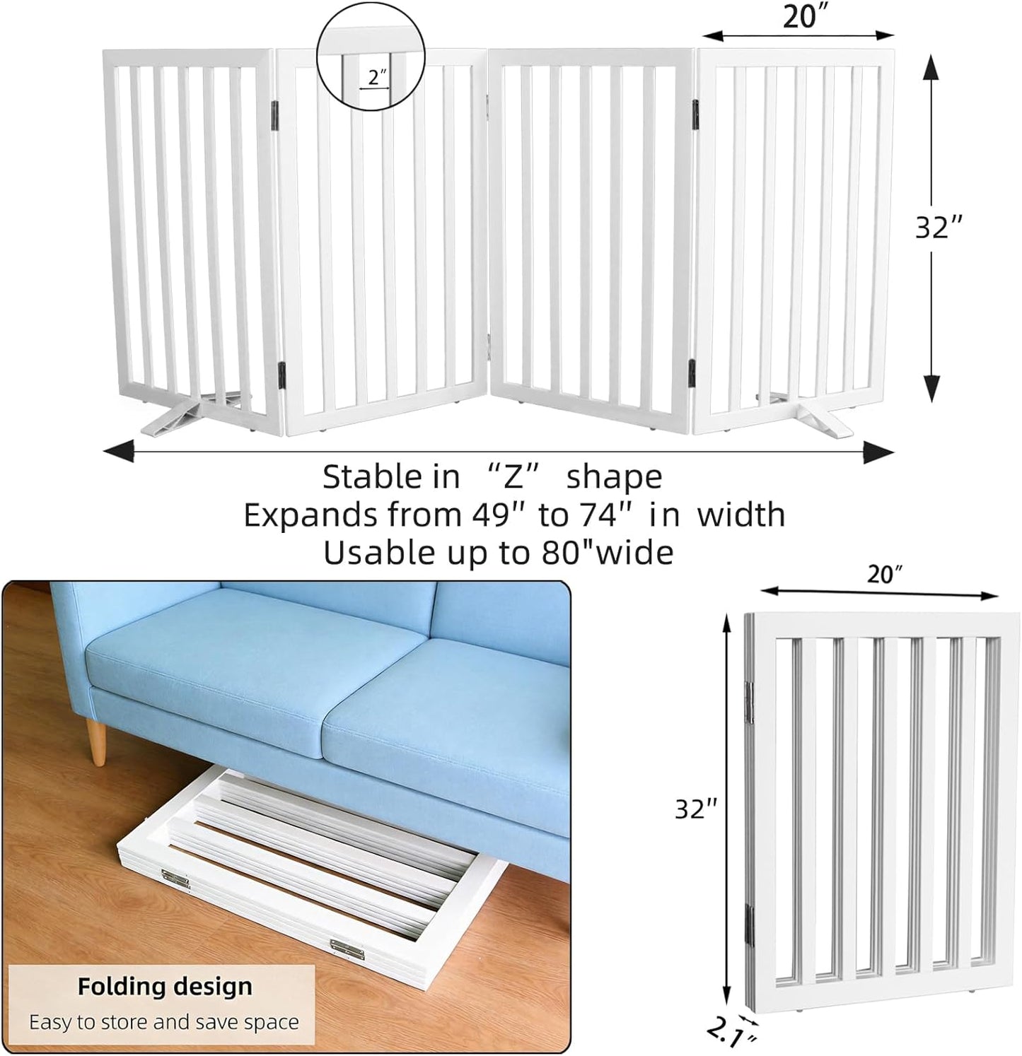 Dog Gate Indoor, Freestanding Dog Fence for The House, Doorways, Hallways,or Stairs,Pet Gate Foldable Wooden,Expandable 32" Height 4 Panels,White
