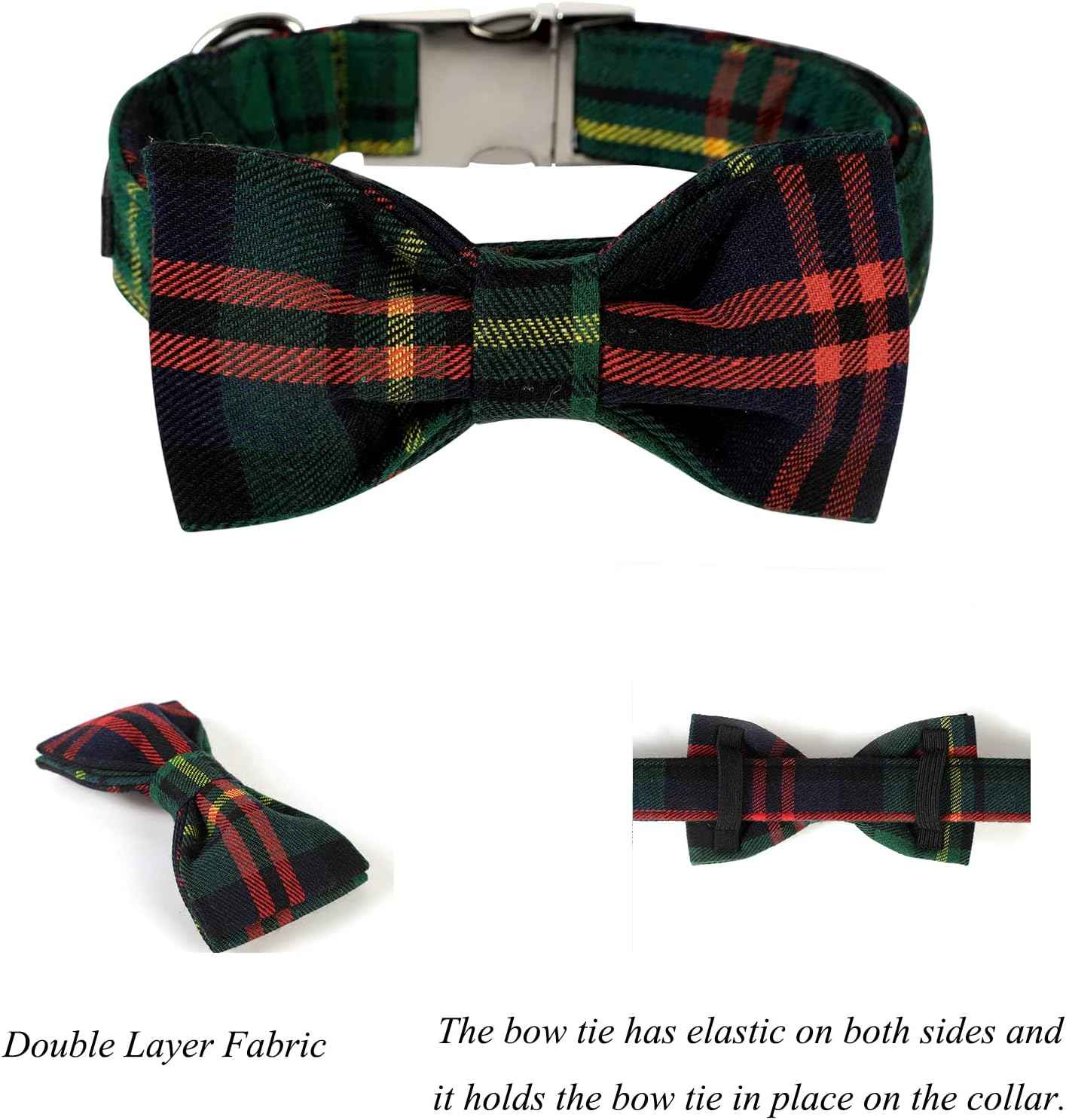 Lionet Paws Christmas Dog Collar with Bowtie Durable Adjustable Handmade Comfortable Bowtie Dog Collar Green with Metal Buckle for Small Dogs,Girl Boy,Party,Festival,Holiday Style,Neck 10-16in