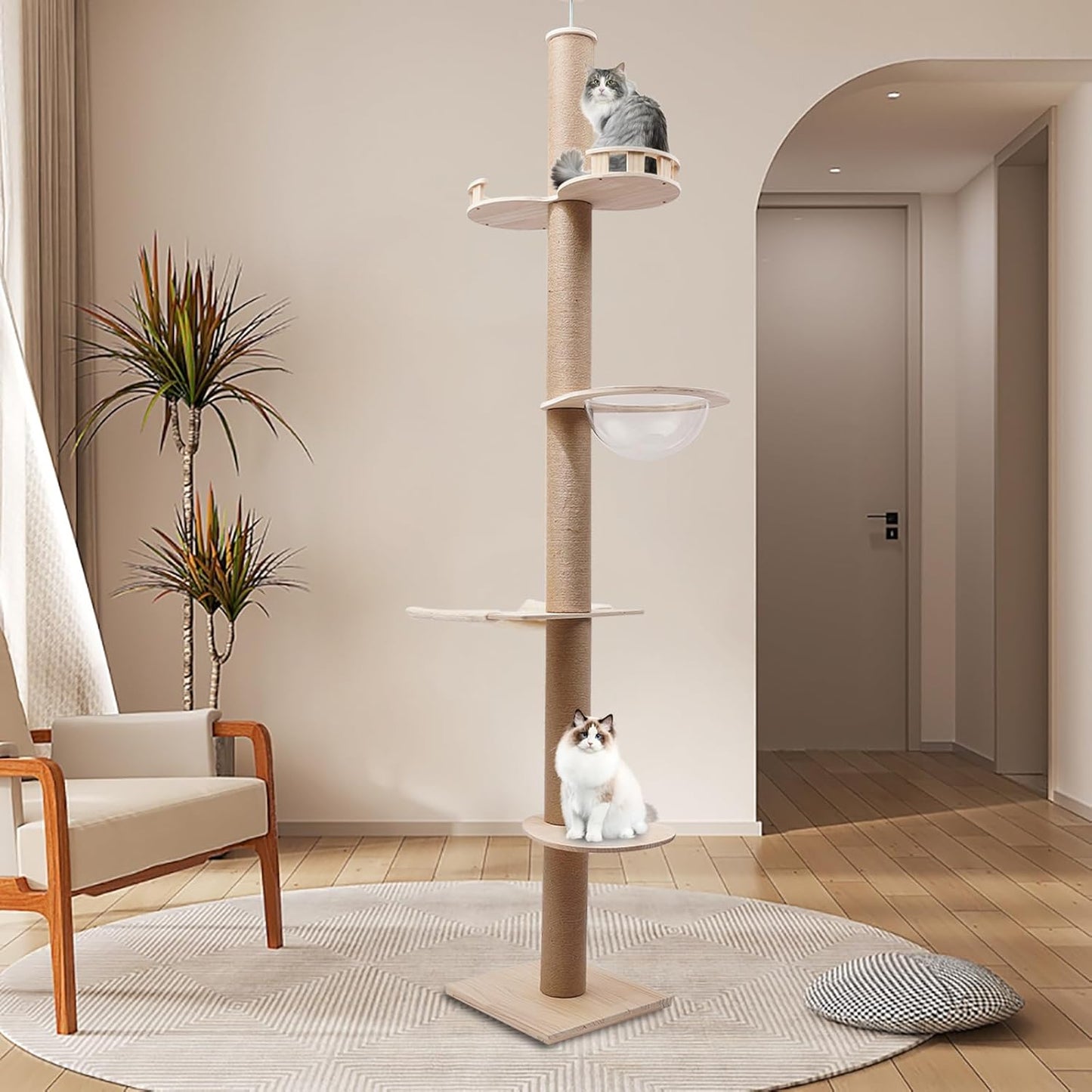 4 Tier Floor-to-Ceiling Cat Tree, Adjustable Height Cat Climbing Tower Set with Space Capsule, Hammock, Cats Scratching Post Climbing Shelves for Cats to Jump Scratch Sleep Play, 100.4-104.3inch H