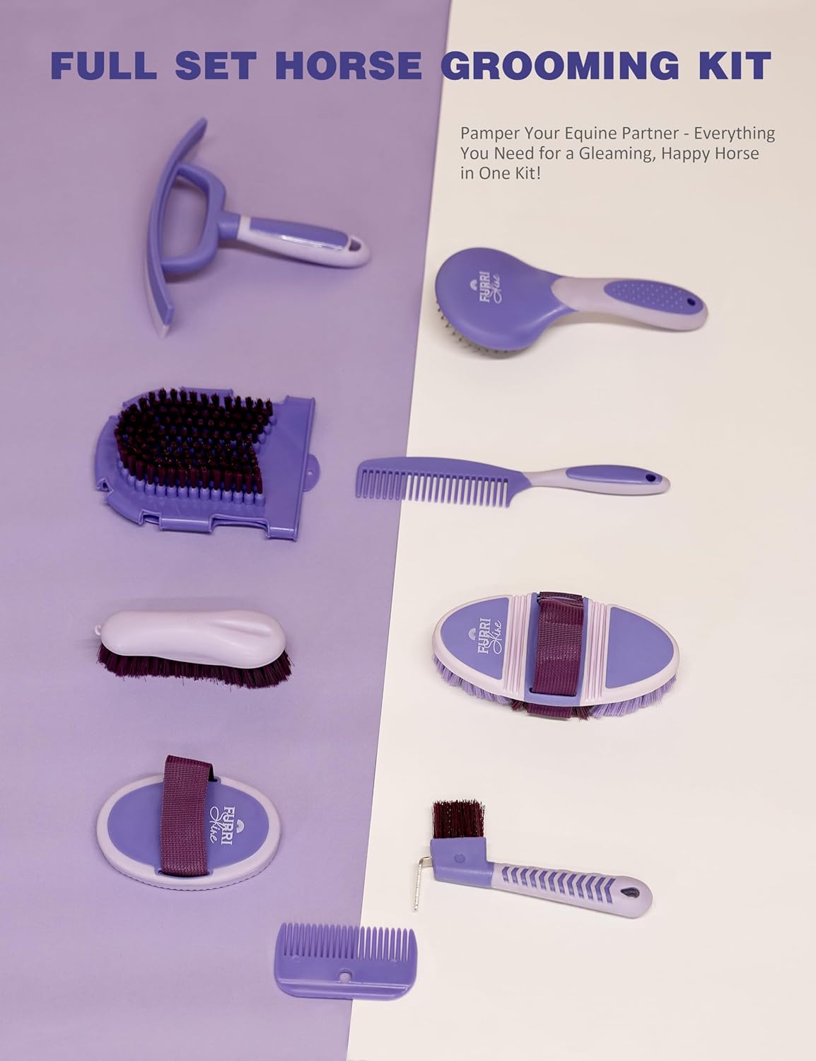 11PCS Horse Grooming Kit Curry Comb Sweat Scraper Horse Bathing Supplies Grooming Tools with Storage Bag Sugar Taro