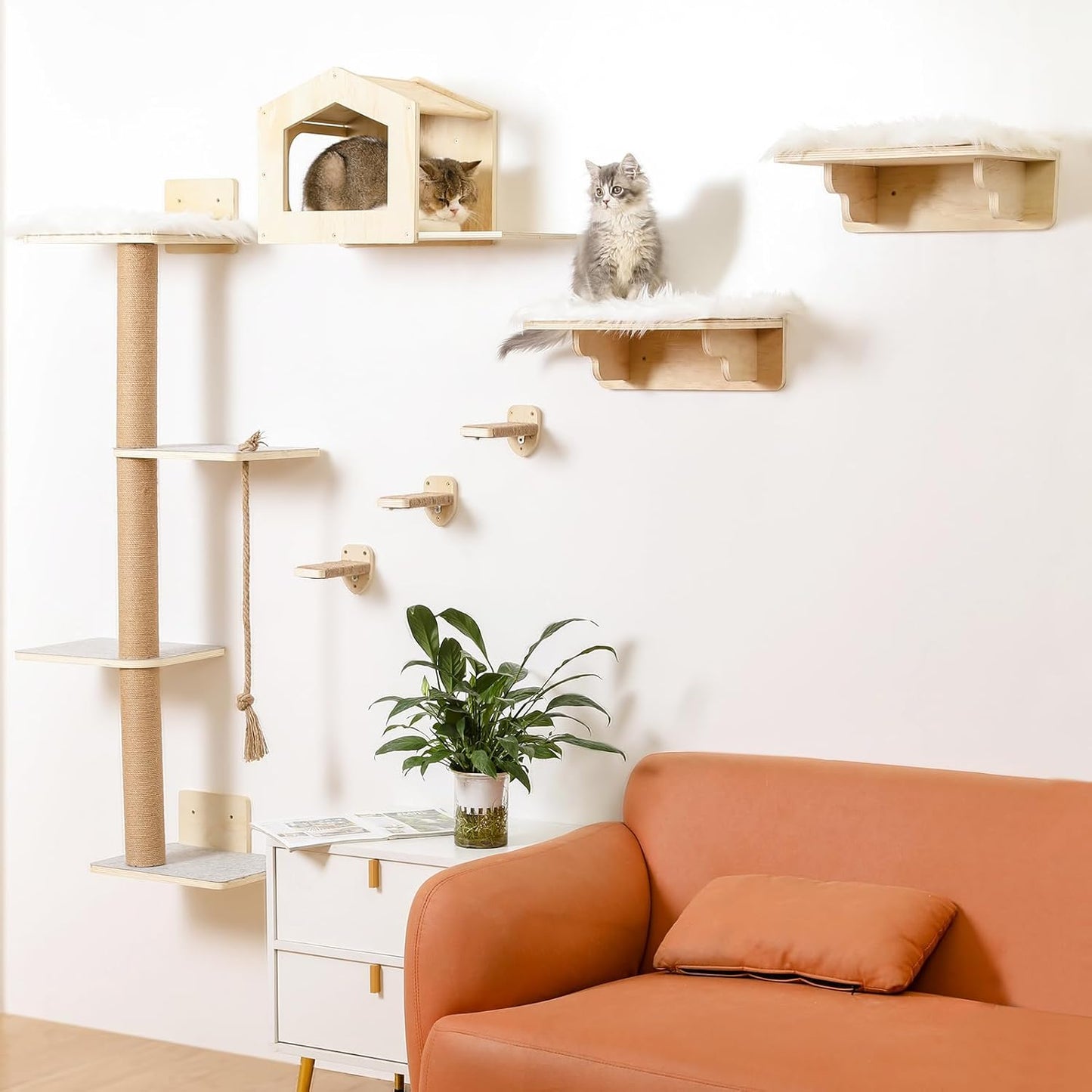 Cat Wall Shelves, Wood Wall Mounted Cat Furniture with 4 Tier Cat Tree,1 Cat Wall House,2 Cat Perches and 3 Wall Steps,Climbing Cat Shelves for Wall Large Cats Set
