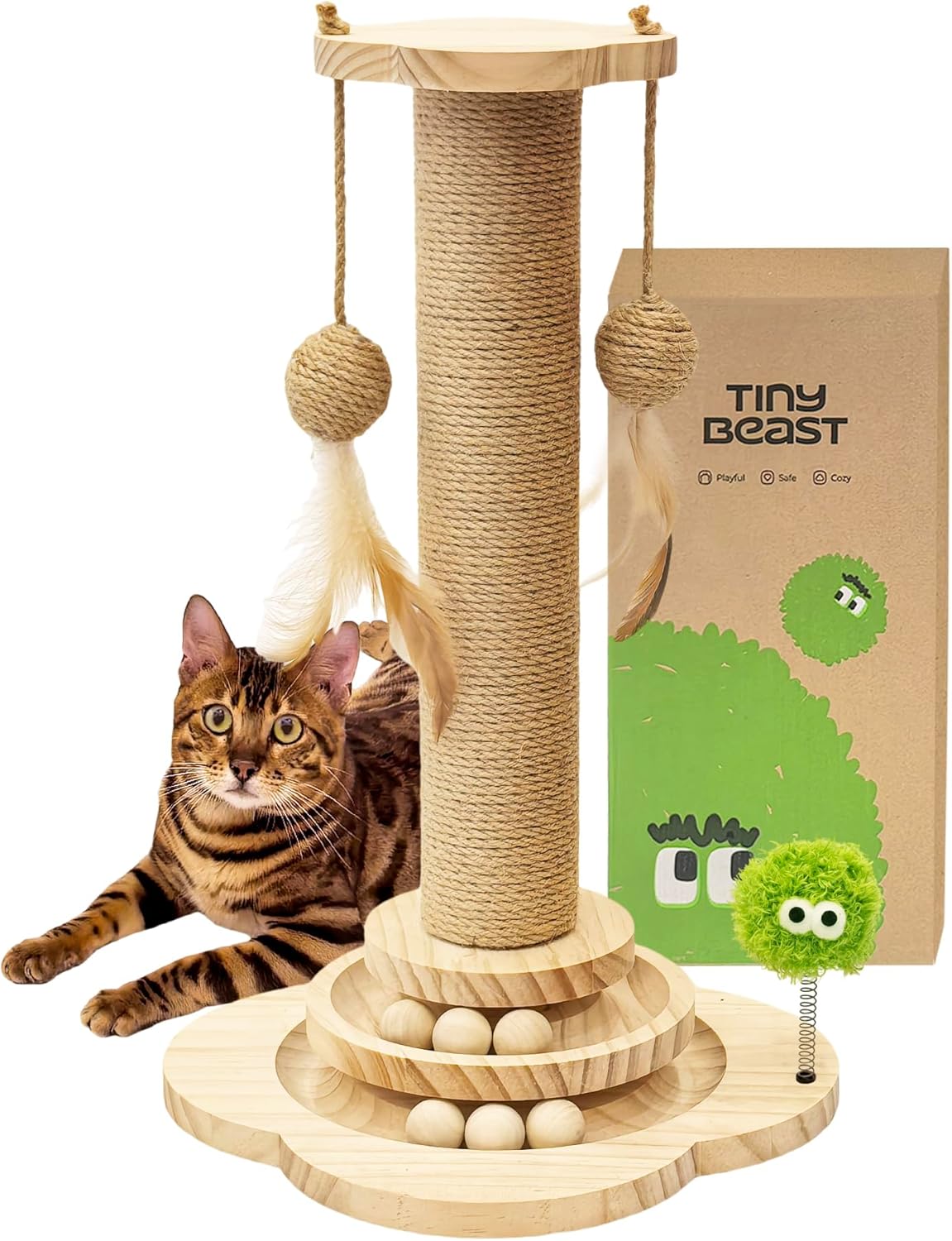 TINYBEAST Wooden Cat Scratching Post fot Kittens, 4 in 1 Cat Scratcher Toy with Cat Ball Tracks, 18" Tall Sisal Scratch Post for Indoor Kittens, Interactive Feather Toy and 2 Sisal Hanging Balls