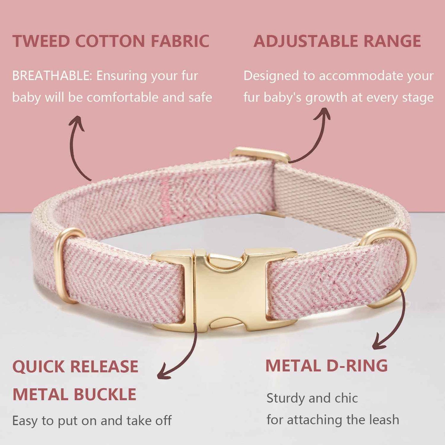 Soft Cotton Hemp Dog Collar with Metal Buckle Adjustable Twilled Dog Collars for Female Small Medium Large Dogs(Pink,Medium)