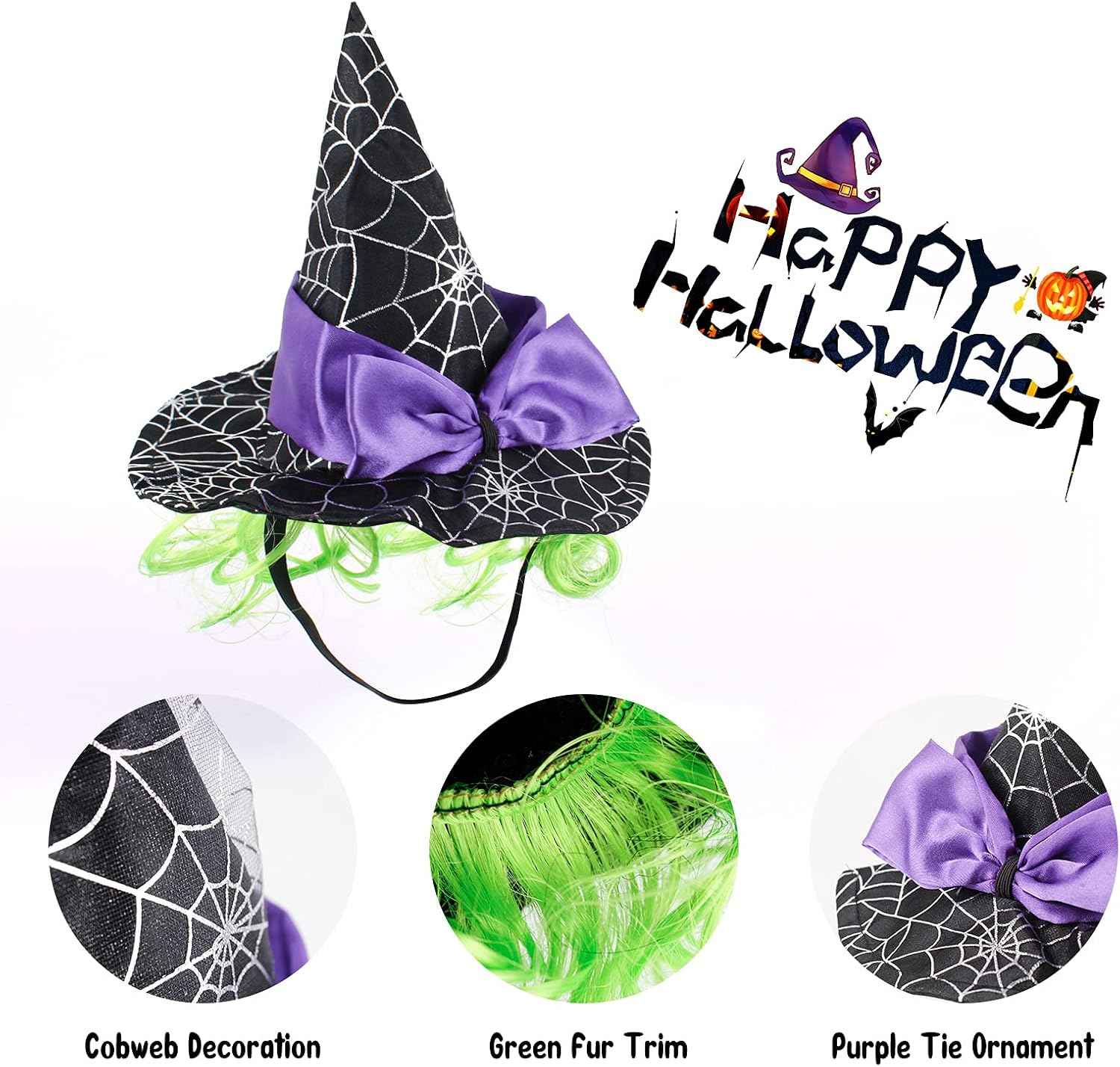Enjoying Pet Halloween Costumes for Cats Small Dogs, Cat Witch Hat with Funny Wig, Adjustable Doggie Witch Hat Outfit, Kitten Halloween Sorcery Hat Cosplay