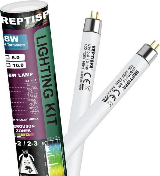 10.0 UVB Light for Reptiles, T5 HO 8 Watt Reptile Lamp Tube, Pack of 2 Fluorescent UVB Bulb, Basking Light for Bearded Dragon, Simulate Natural Sunlight for Reptiles and Amphibians