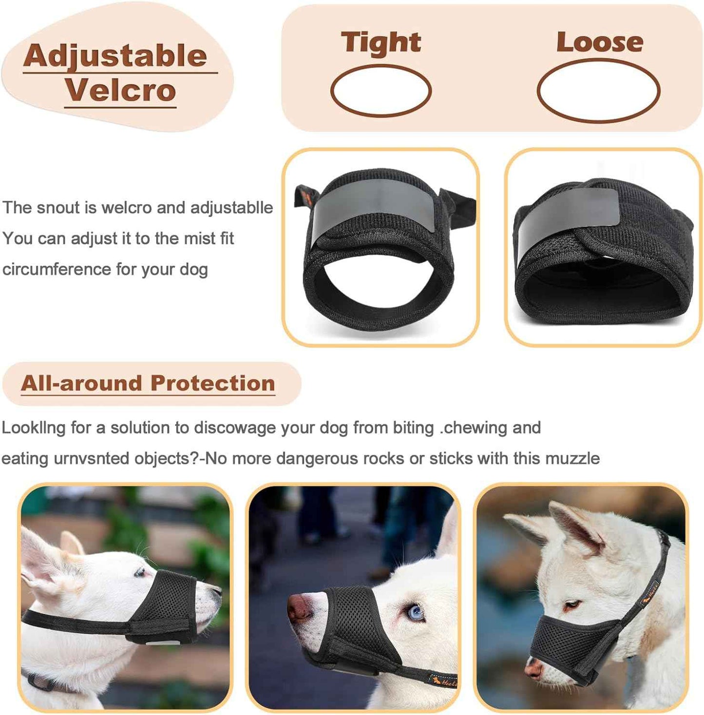 HEELE Dog Muzzle,Soft Nylon Muzzle Anti Biting Barking Chewing,Air Mesh Breathable Drinkable Adjustable Loop Pets Muzzle for Small Medium Large Dogs 4 Colors 4 Sizes (Black, M)
