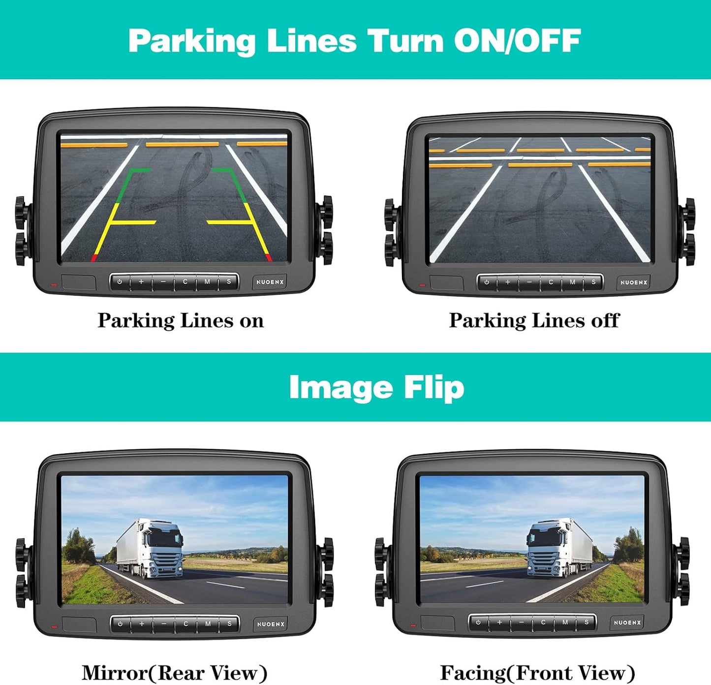 Nuoenx Wireless Backup Camera, 7 Inch Monitor Rear View Camera System for RV, Trailers, Trucks, 5th Wheels, Support 2 Cameras, IP69 Waterproof 18 LED IR Night Vision 152° View Camera, DIY Guide Lines