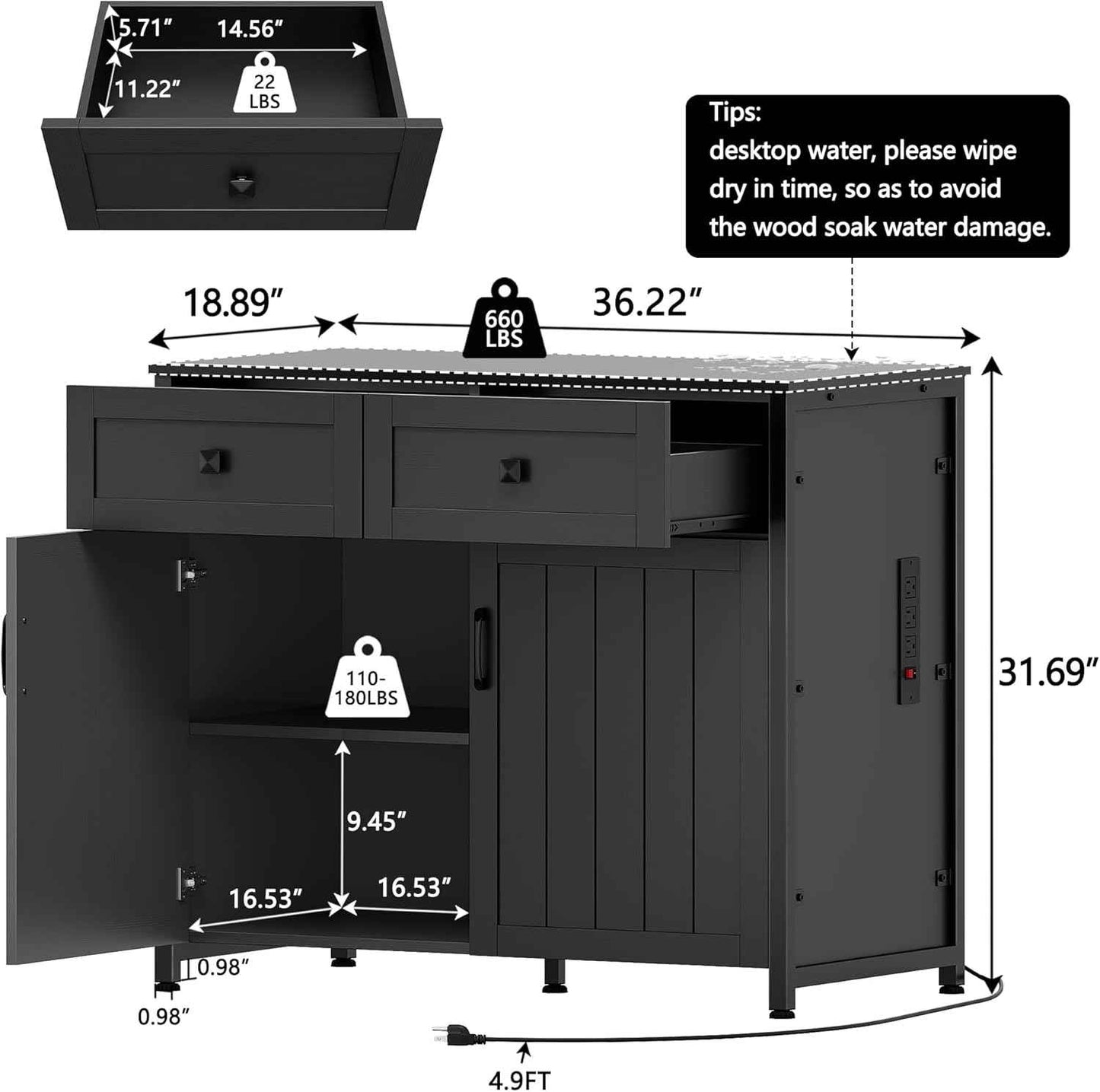 40-50 Gallon Aquarium Stand with Power Outlets, Cabinet for Fish Tank Accessories Storage, Heavy Duty Metal Fish Tank Stand Suitable for Turtle Tank, Reptile Terrarium, 660LBS Capacity, Black