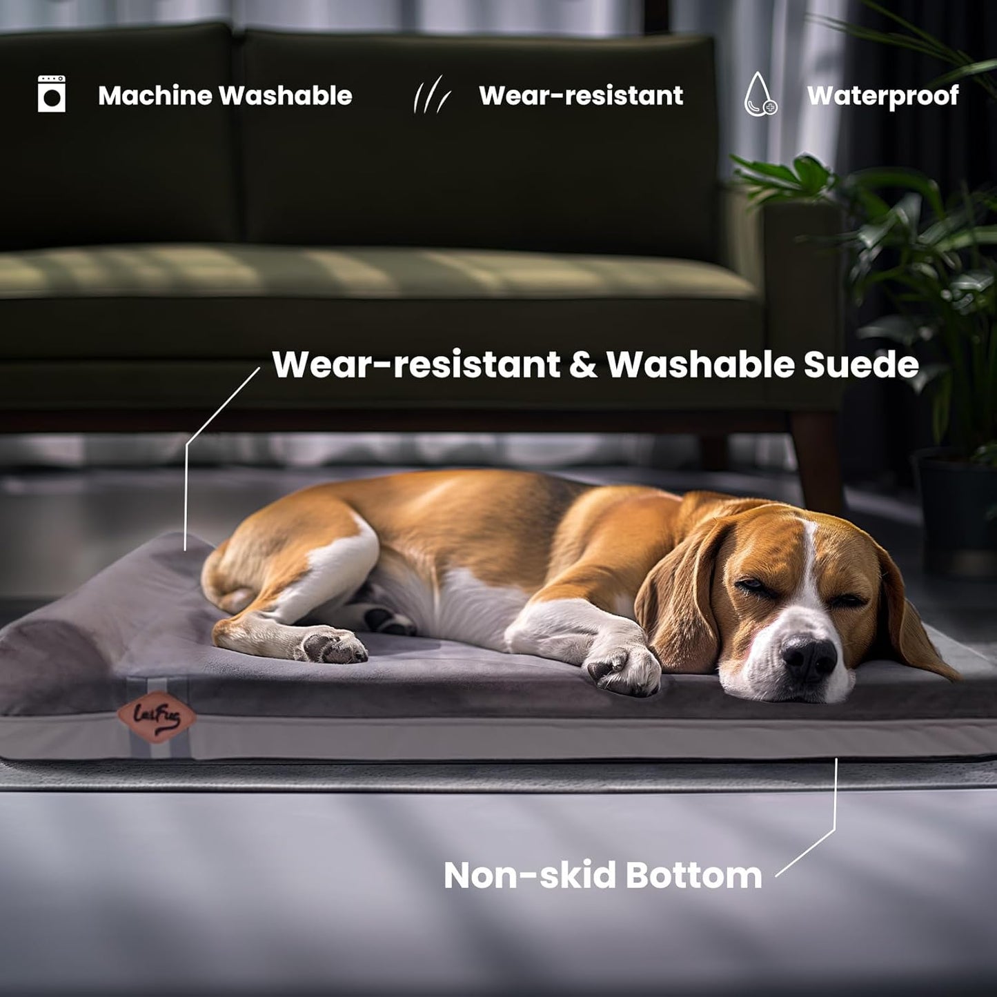 Laifug Orthopedic Memory Foam Dog Bed with Pillow and Durable Water Proof Liner & Removable Washable Cover & Smart Design Medium (34"x22"x5.5"), Grey