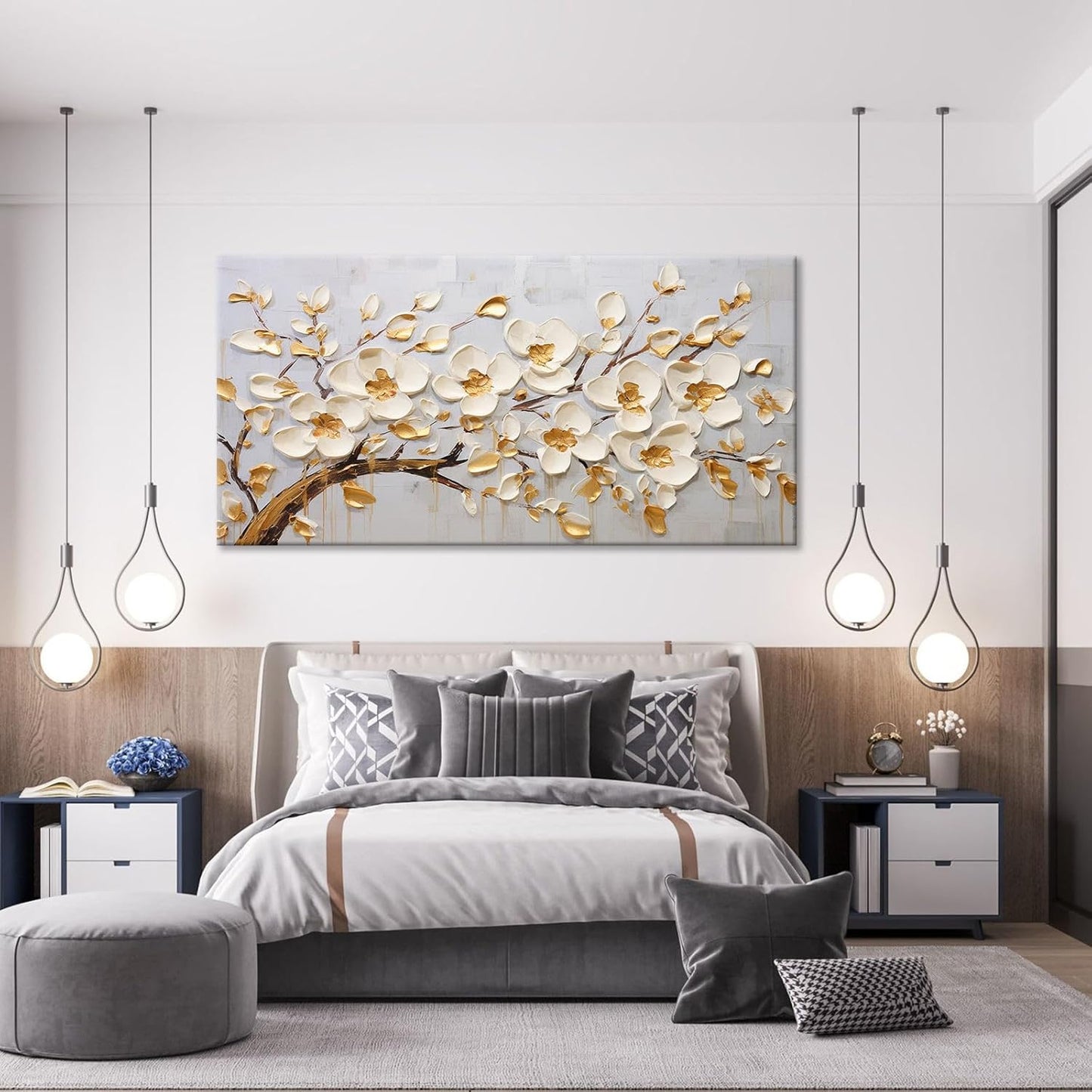 Large Original Gold White Tree Of Life Wall Art Acrylic Abstract Flower Painting Prints Modern Tree Artwork Picture Decor for Living Room Office Home Decorations 24x48inch Framed
