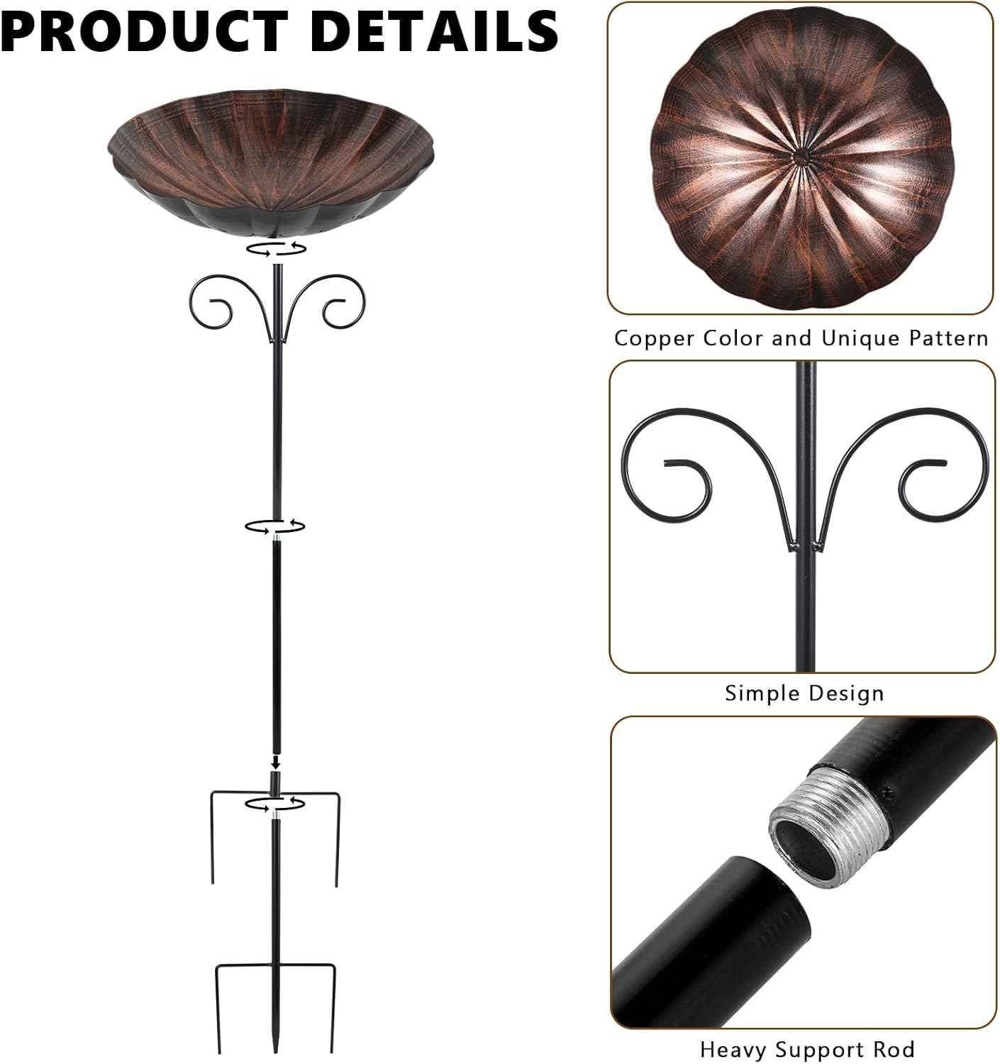 Metal Bird Baths for Outdoors, 39" H Birdbath with 10 Inch Bowl, Standing Bird Bath & Bird Feeder with Stake for Outside Garden Patio Yard Lawn Decor, Copper