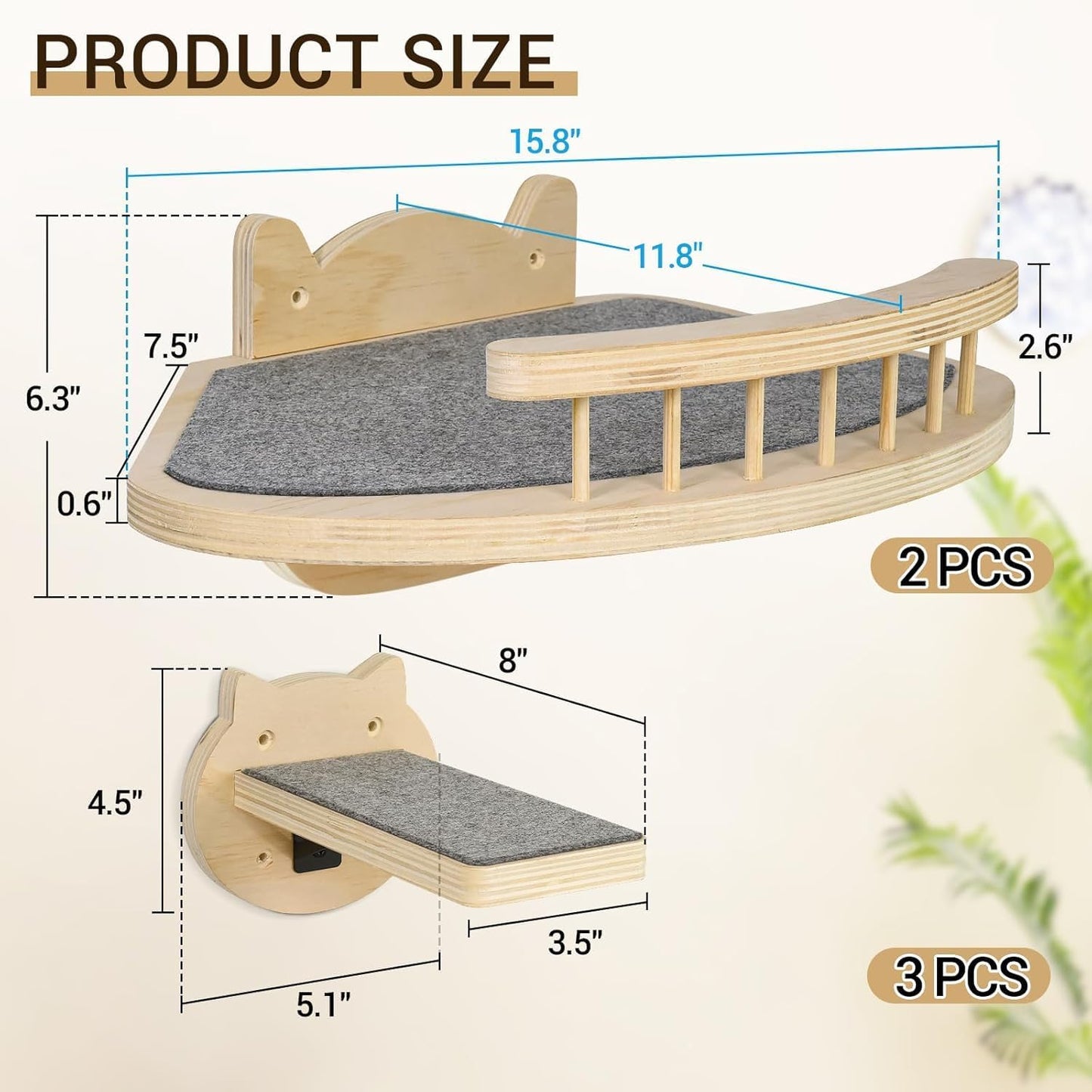 Cat Wall Shelves Furniture Set with Scratching Pad，Wooden Cat Climbing Wall Systems with 2 Perches and 3 Steps, Floating Shelves Bed Wall Mounted for Indoor Fit Up to 15Lbs (Burlywood)