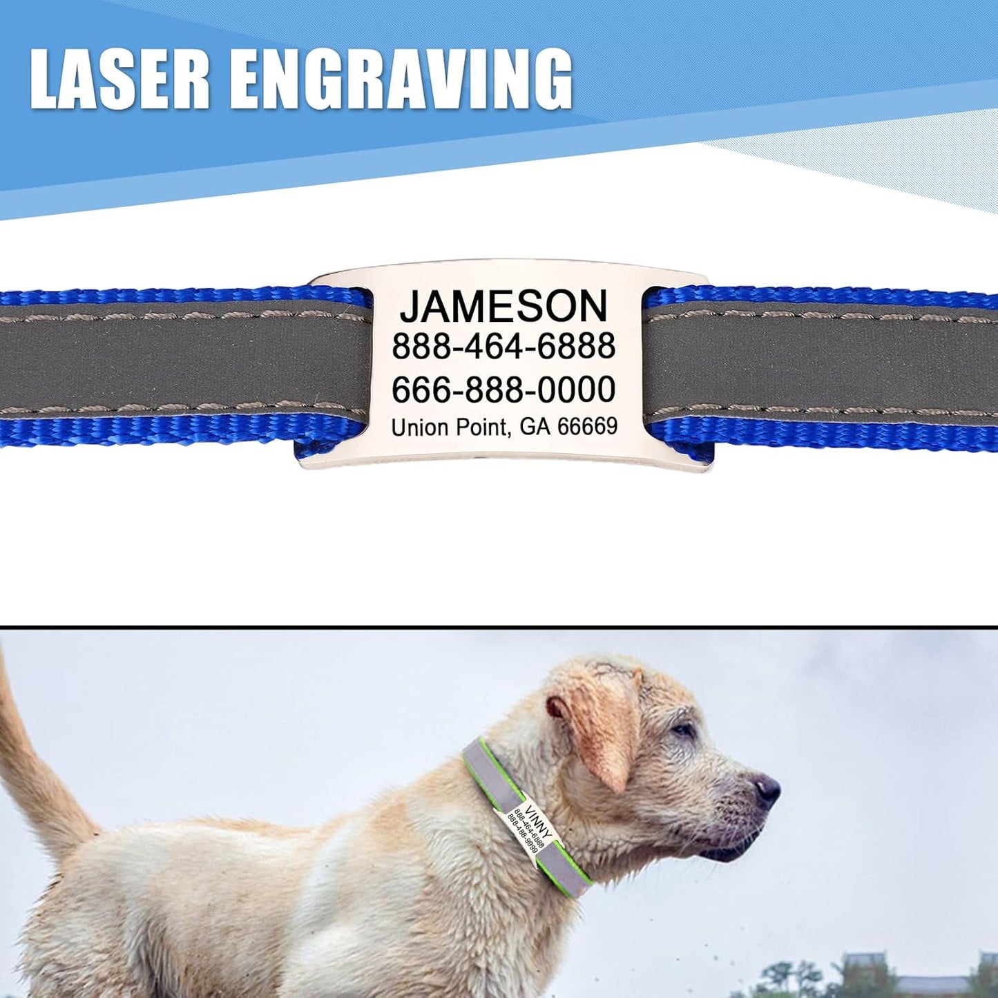 Reflective Personalized Dog Collar with Name Plate,Adjustable Custom Engraved Pet Name and Phone Number Collar,Silent Slide On Stainless Steel Pet Tag for Dogs,Sky Blue