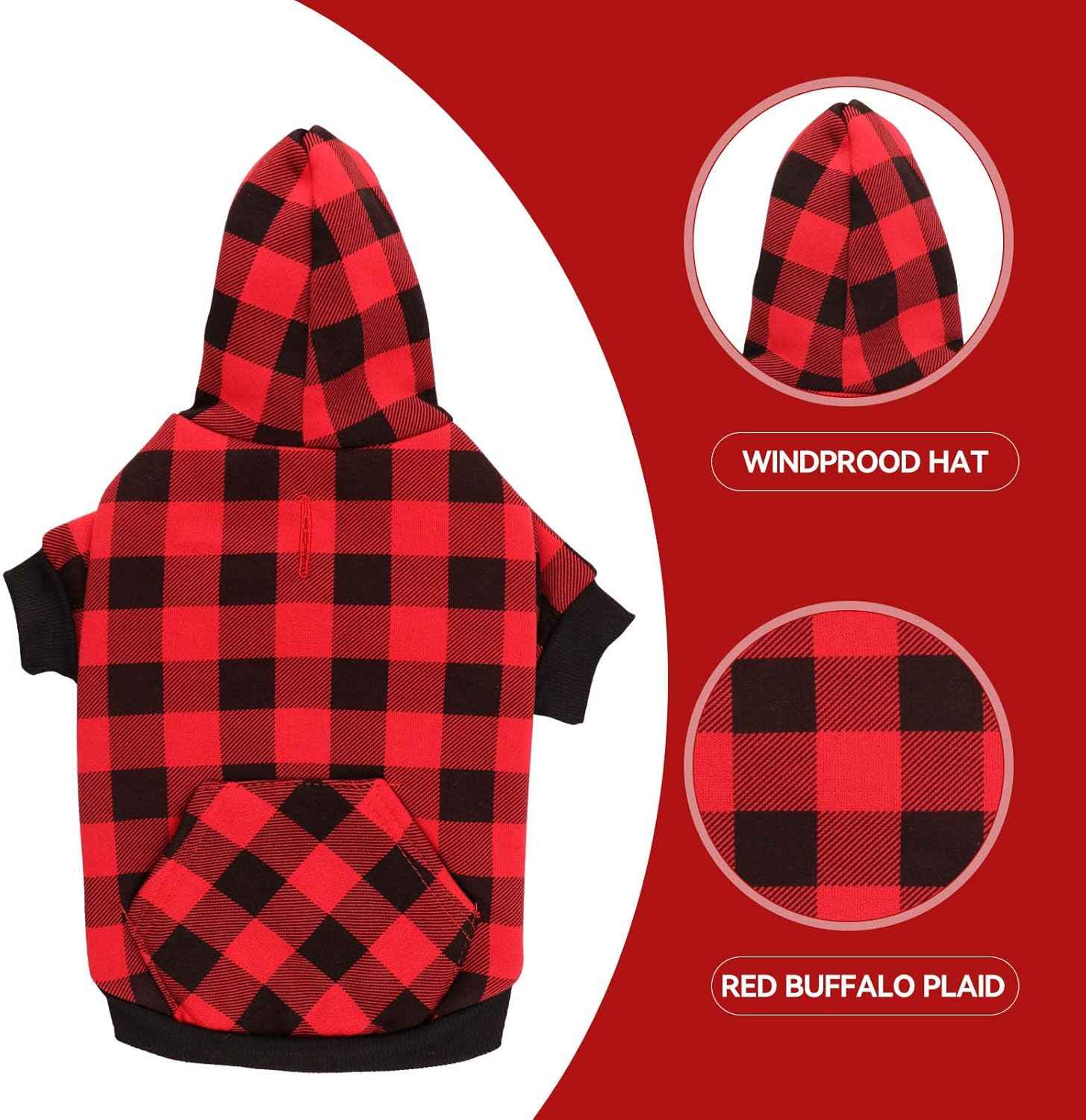 Dog Sweater Red Buffalo Plaid Pet Clothes Warm and Soft Breathable Cozy Small Pet Hoodies Dog Sweaters for Small Dogs with Pocket(XS)