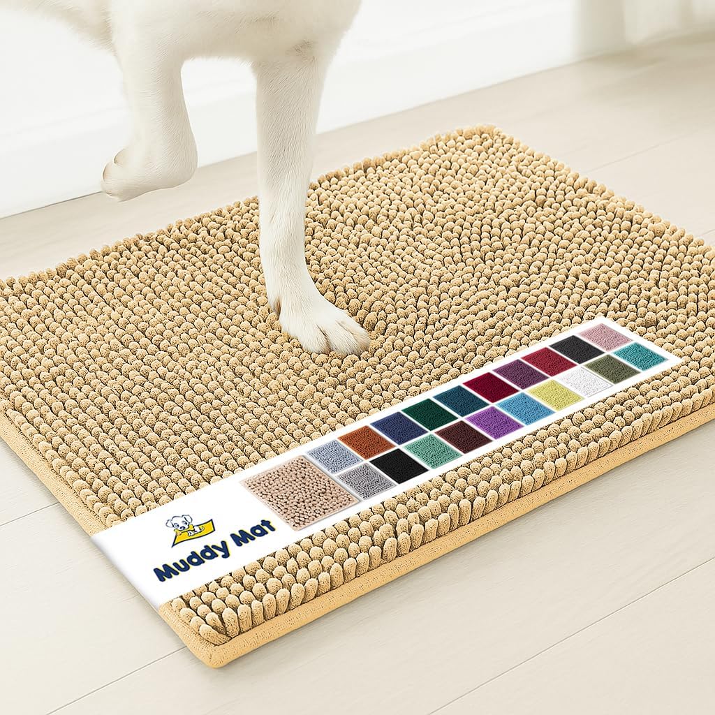 Muddy Mat® Original Dog Door Mat for Muddy Paws, Super Absorbent Microfiber, Non-Slip Washable Pet Rug, Quick Dry Chenille Entryway Carpet, Machine Washable Indoor Outdoor mat, Beige 36"x120"