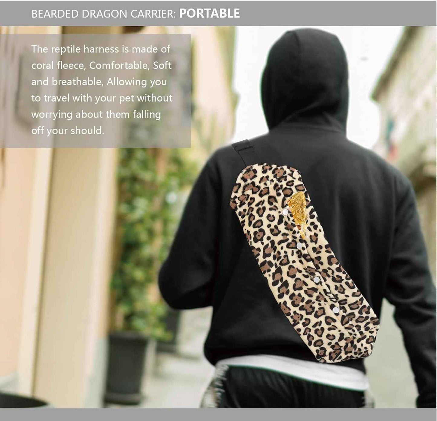 Bearded Dragon Leash and Harness Set, Beardie Carrier, Lizard Adjustable Harness with Leather Wings and Sling Bag, Reptile Small Pet Backpack Batwing Accessories (Leopard Pattern)