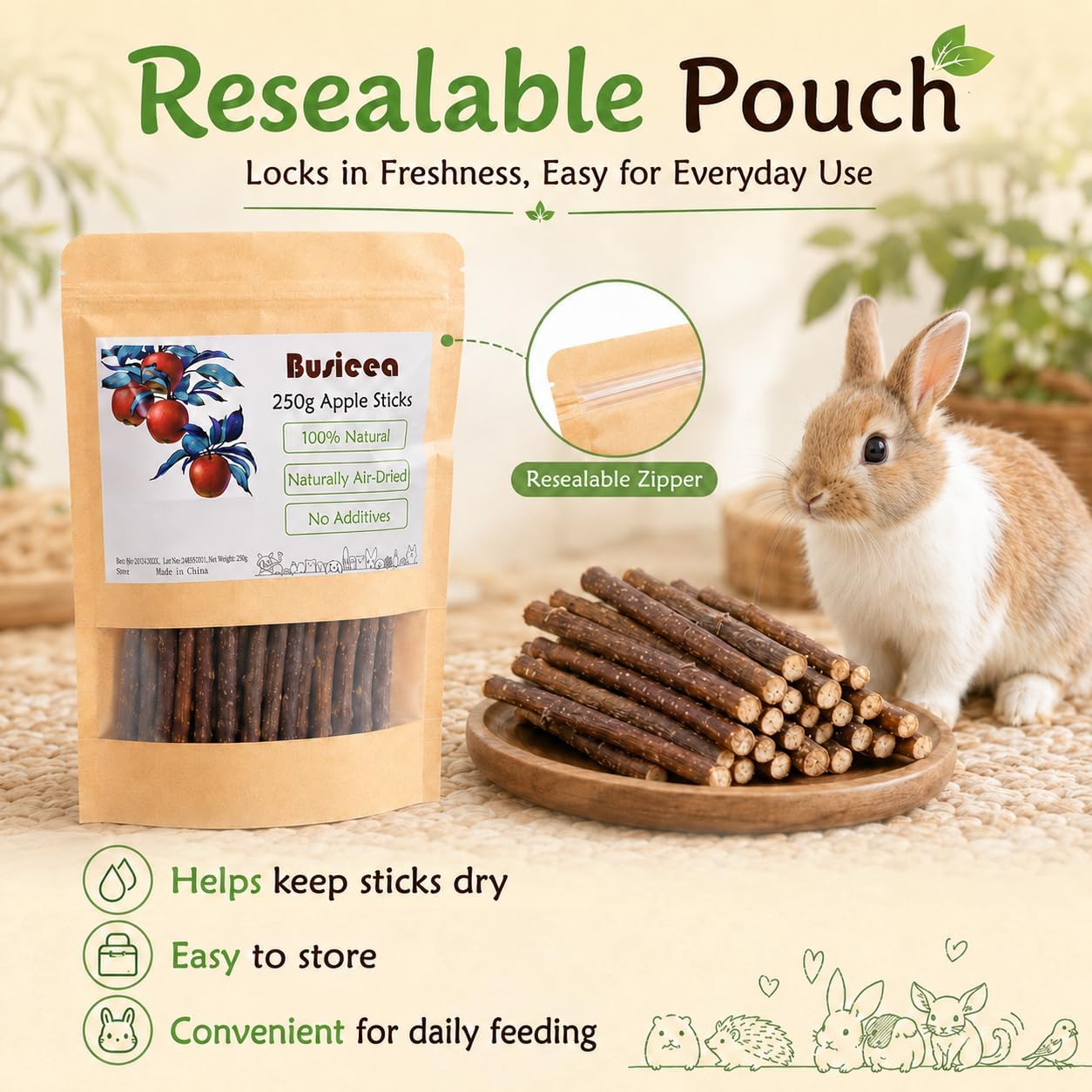 Premium Natural Apple Sticks - 100g/3.52 OZ MINI Trial Pack - Perfect for 1 Pet, Molar Chew Treats for Rabbits Chinchillas Guinea Pigs Hamsters Small Animals