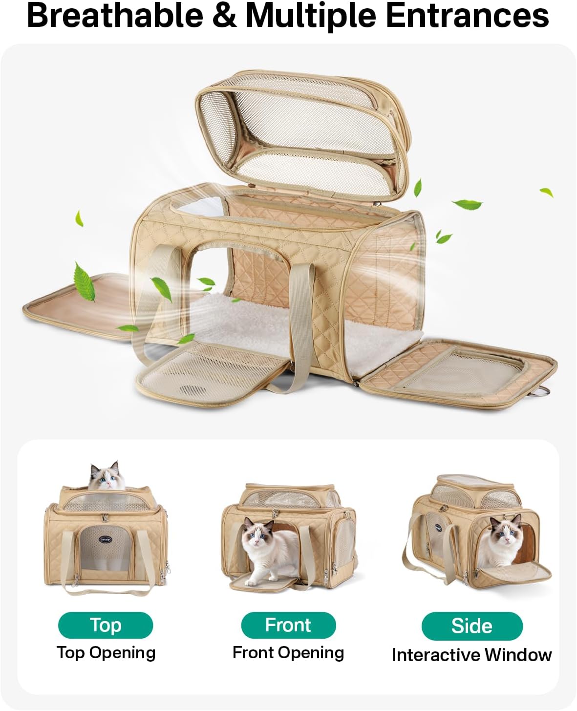 Cat Carrier Airline Approved 17x11x9.5 Inches, Top Expandable Soft Sided Pet Travel Carrier for Cats & Small Dogs, Fits Under Airline Seat with Locking Zippers, Brown