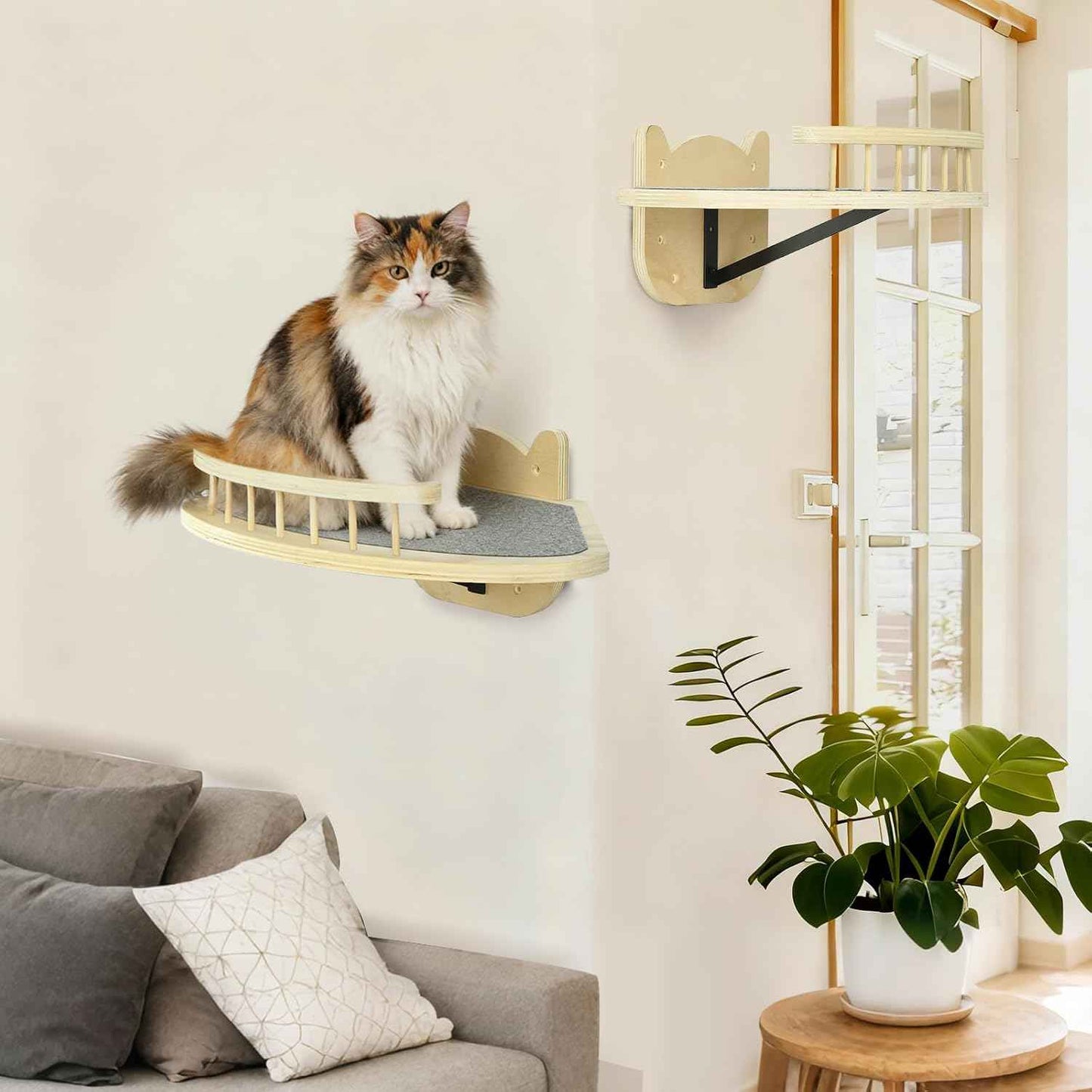 Cat Wall Shelves Furniture Set with Scratching Pad，Wooden Cat Climbing Wall Systems with 2 Perches and 3 Steps, Floating Shelves Bed Wall Mounted for Indoor Fit Up to 15Lbs (Burlywood)