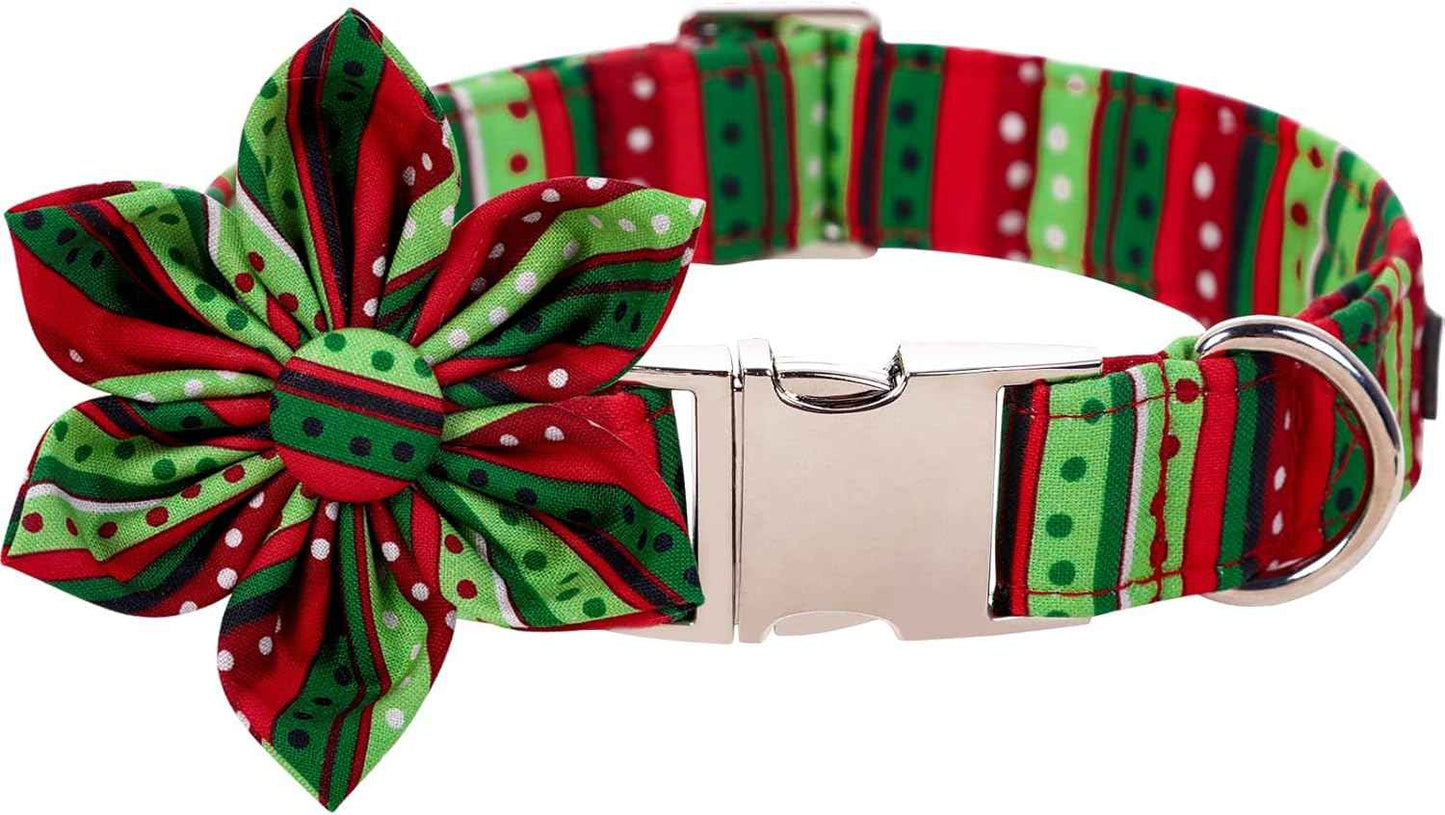 Lionet Paws Christmas Dog Collar with Flower, Dog Flower Collar with Metal Buckle for Dogs, Adjustable Comfortable Dog Collar Girl Gift, L, Neck 16-24 in