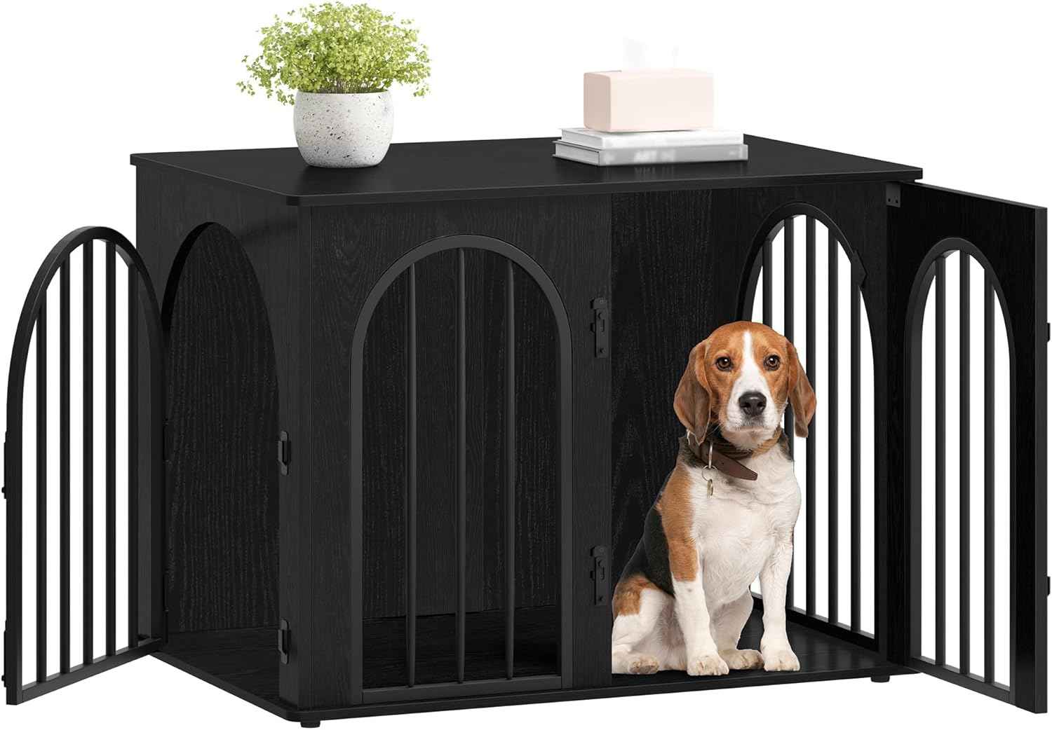Hzuaneri 31.5'' Wooden Dog Crate Furniture, Indoor Dog Kennel Dogs Cage for Small/Medium Dogs, Heavy Duty Dog Crates Decorative Pet House End Side Table TV Stand, Black DFC85104B